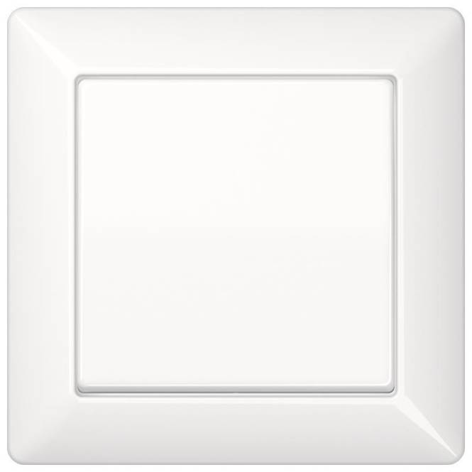 Ein weißer, quadratischer Lichtschalter mit glatter Oberfläche, vor einem weißen Hintergrund platziert.