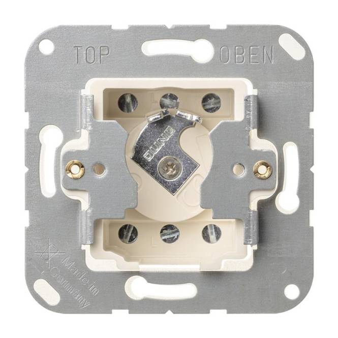 Ein Lichtschalter-Mechanismus mit einem Metallrahmen mit der Beschriftung 