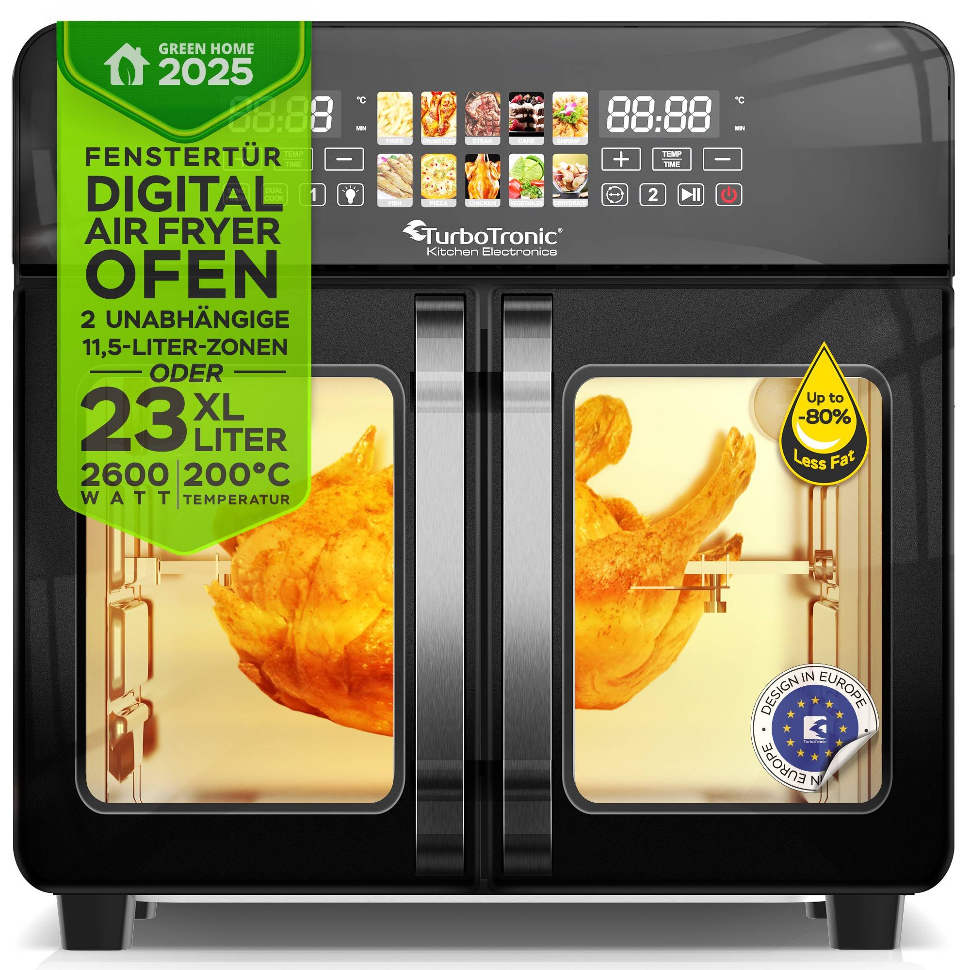 TurboTronic Mini Backofen - 10in1 Heißluftofen und Heißluftfritteuse 2600W Power 23L oder 2x 11,5L bis 4kg Pommes mit TriZone-Funktion Drehspieß Gr