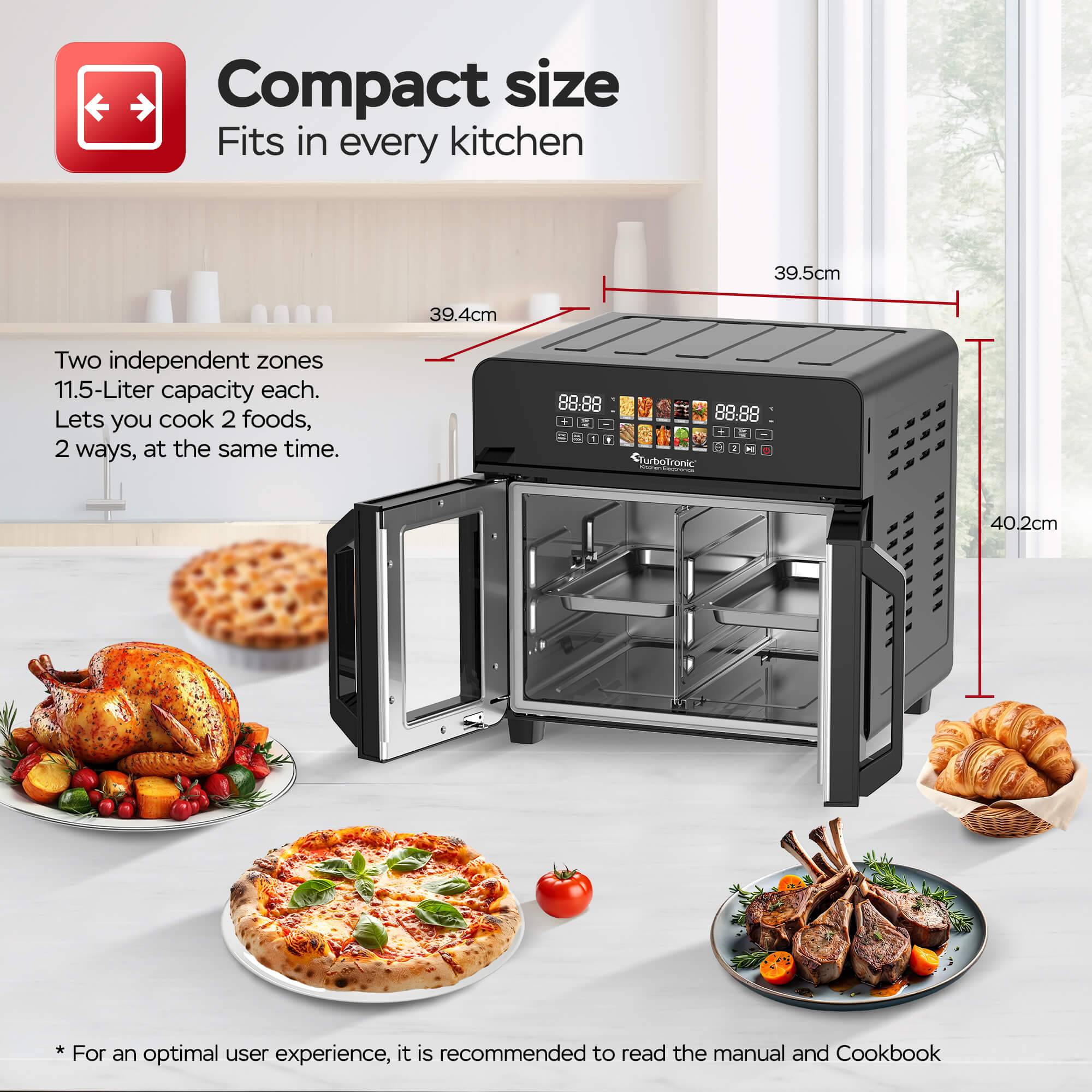 TurboTronic Mini Backofen - 10in1 Heißluftofen und Heißluftfritteuse 2600W Power 23L oder 2x 11,5L bis 4kg Pommes mit TriZone-Funktion Drehspieß Gr