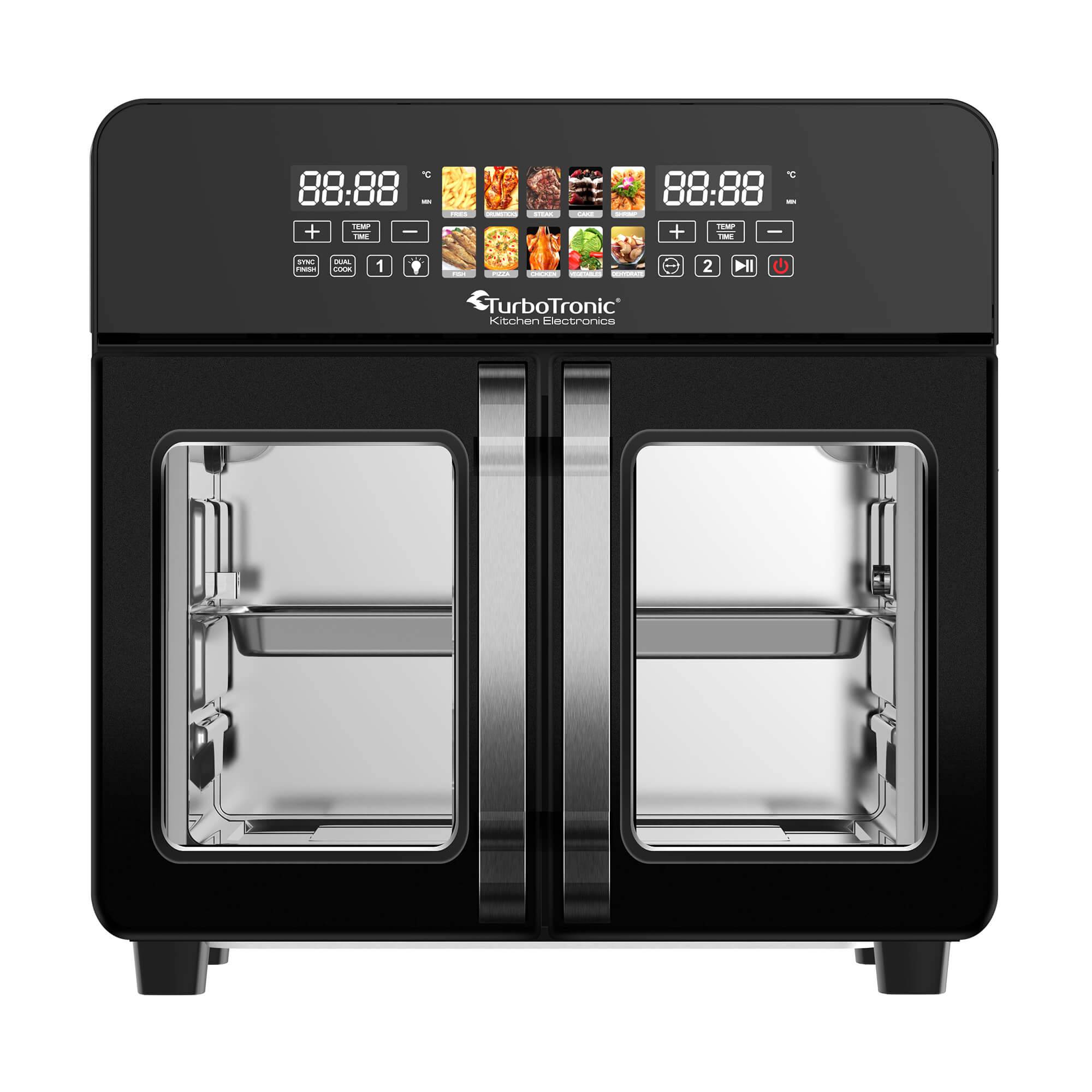 TurboTronic Mini Backofen - 10in1 Heißluftofen und Heißluftfritteuse 2600W Power 23L oder 2x 11,5L bis 4kg Pommes mit TriZone-Funktion Drehspieß Gr