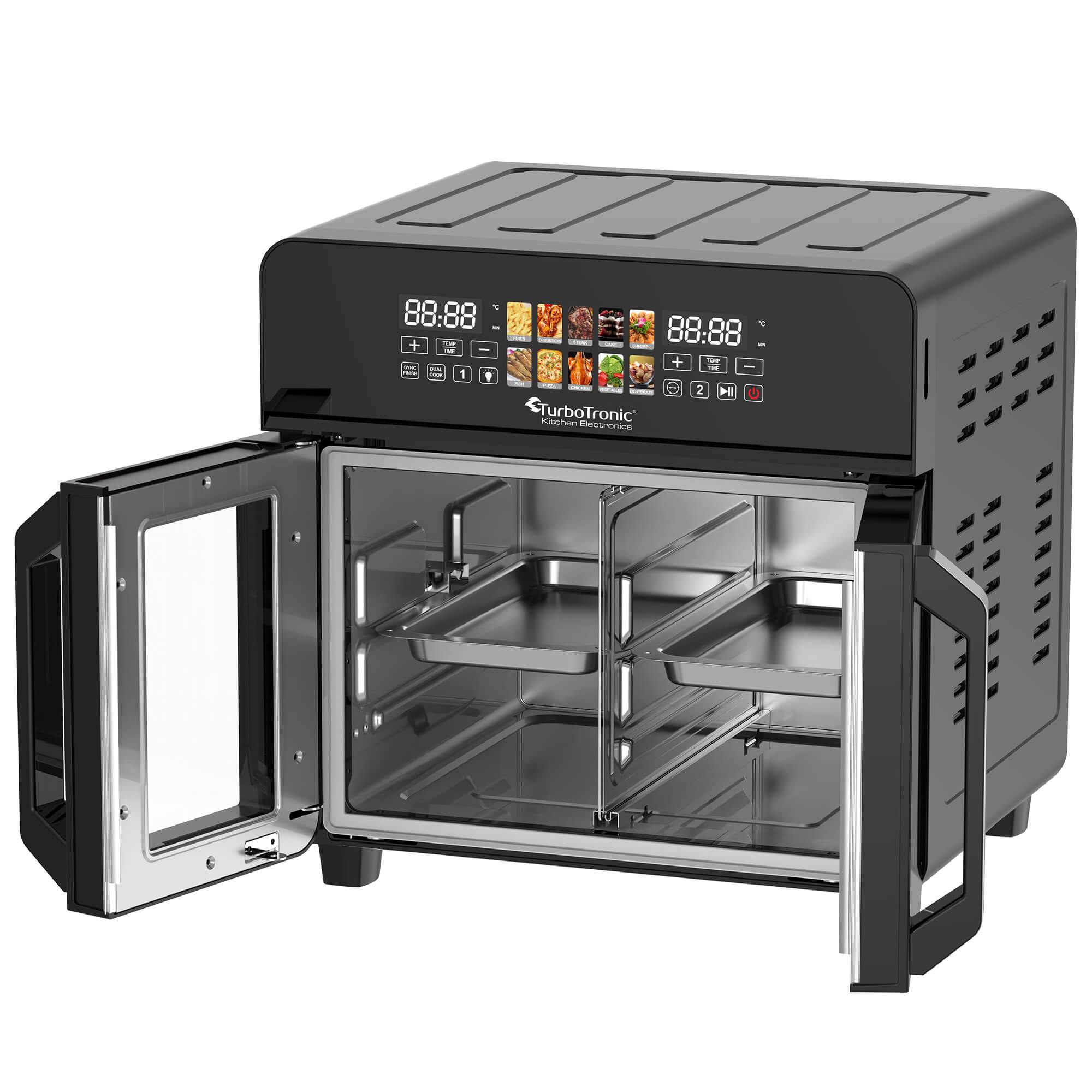 TurboTronic Mini Backofen - 10in1 Heißluftofen und Heißluftfritteuse 2600W Power 23L oder 2x 11,5L bis 4kg Pommes mit TriZone-Funktion Drehspieß Gr