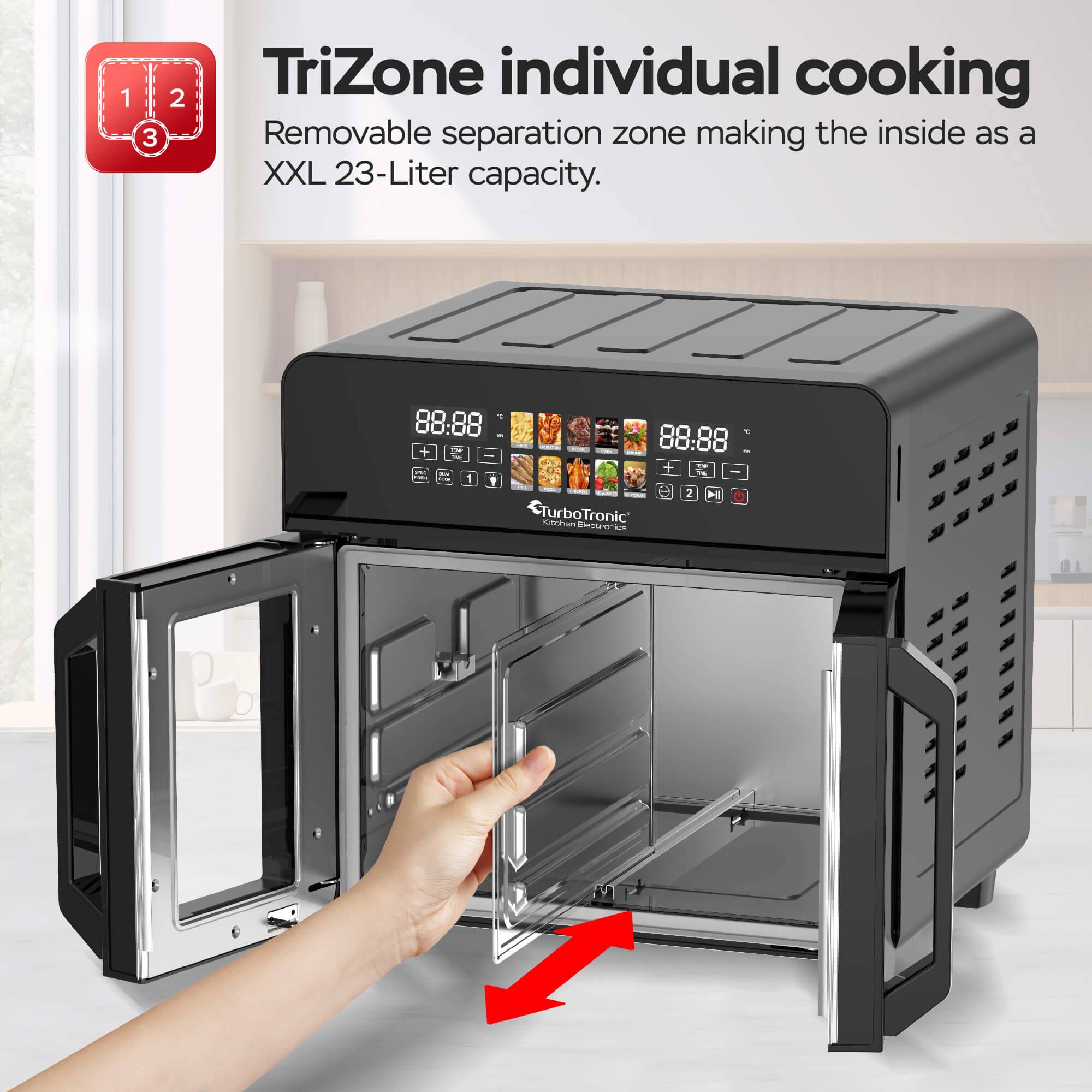TurboTronic Mini Backofen - 10in1 Heißluftofen und Heißluftfritteuse 2600W Power 23L oder 2x 11,5L bis 4kg Pommes mit TriZone-Funktion Drehspieß Gr