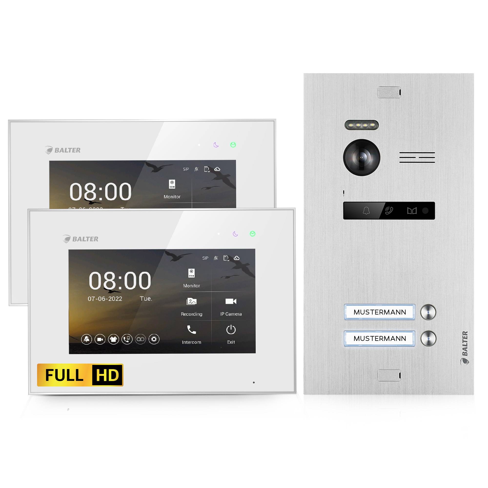 Balter EVO-HD Video Türsprechanlage, Video Türklingel mit Kamera, 2 familienhaus Klingel, 7 Zoll HD Monitor, Full HD-Kamera, 2 Draht Bus, Gegensprec