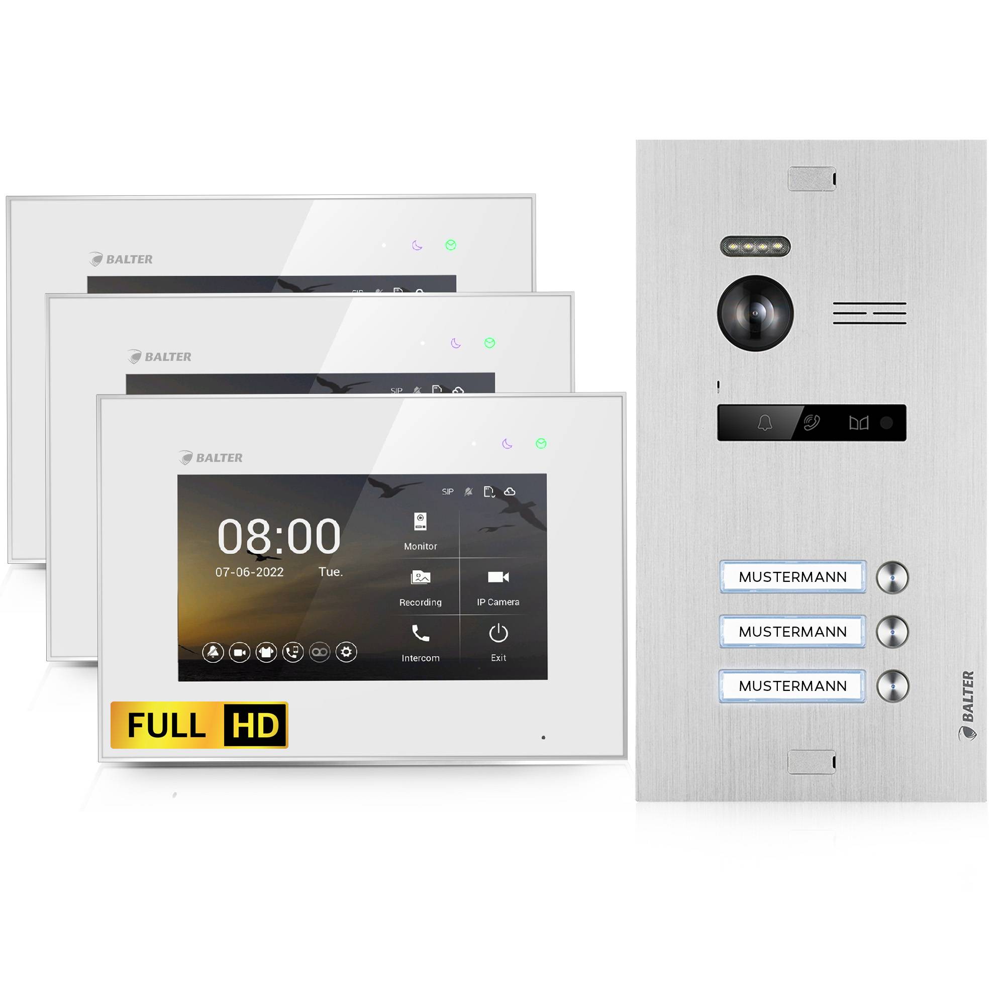 Balter EVO-HD Video Türsprechanlage, Video Türklingel mit Kamera, 3 familienhaus Klingel, 7 Zoll HD Monitor, Full HD-Kamera, 2 Draht Bus, Gegensprec
