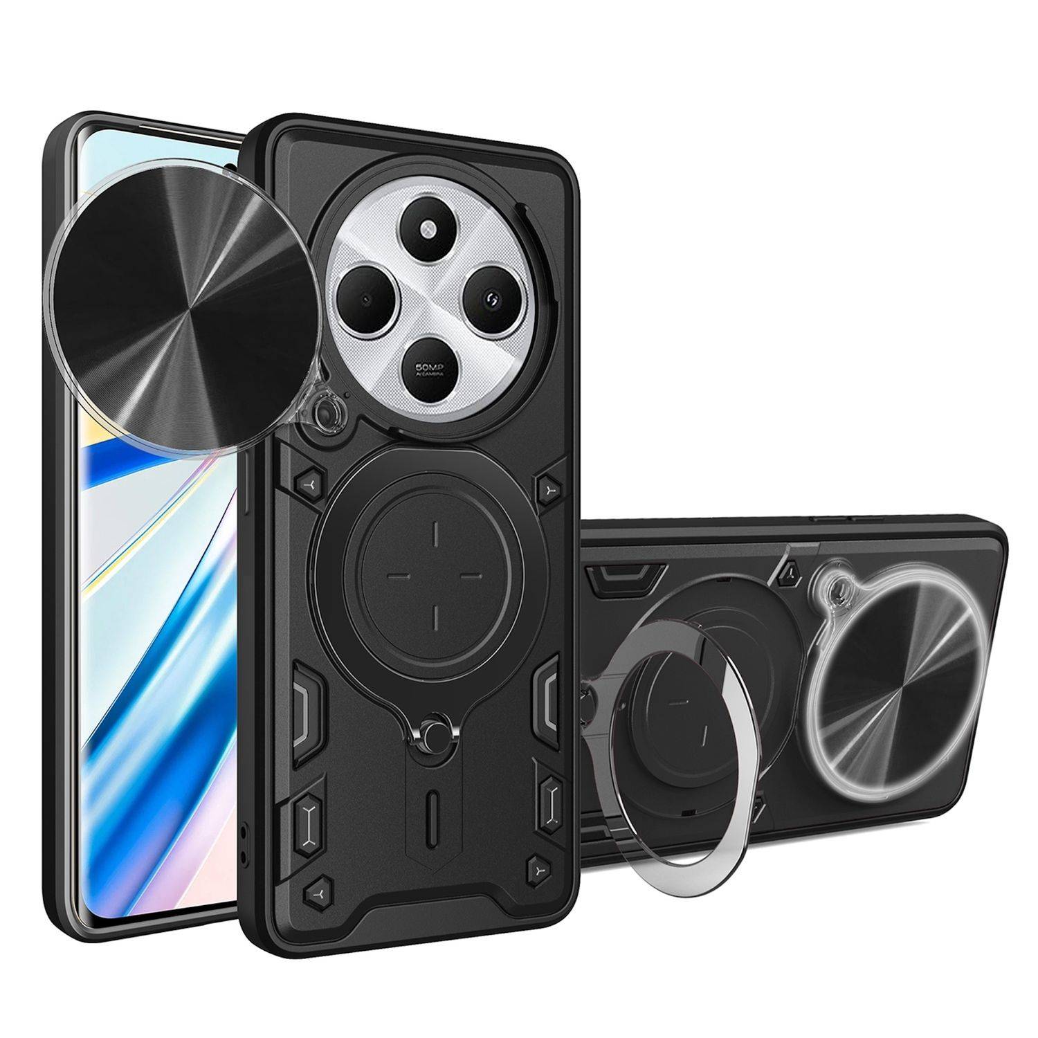 Für Xiaomi Redmi 14C 4G CD Textur Sliding Kamera TPU / PC Hülle Ring Schwarz