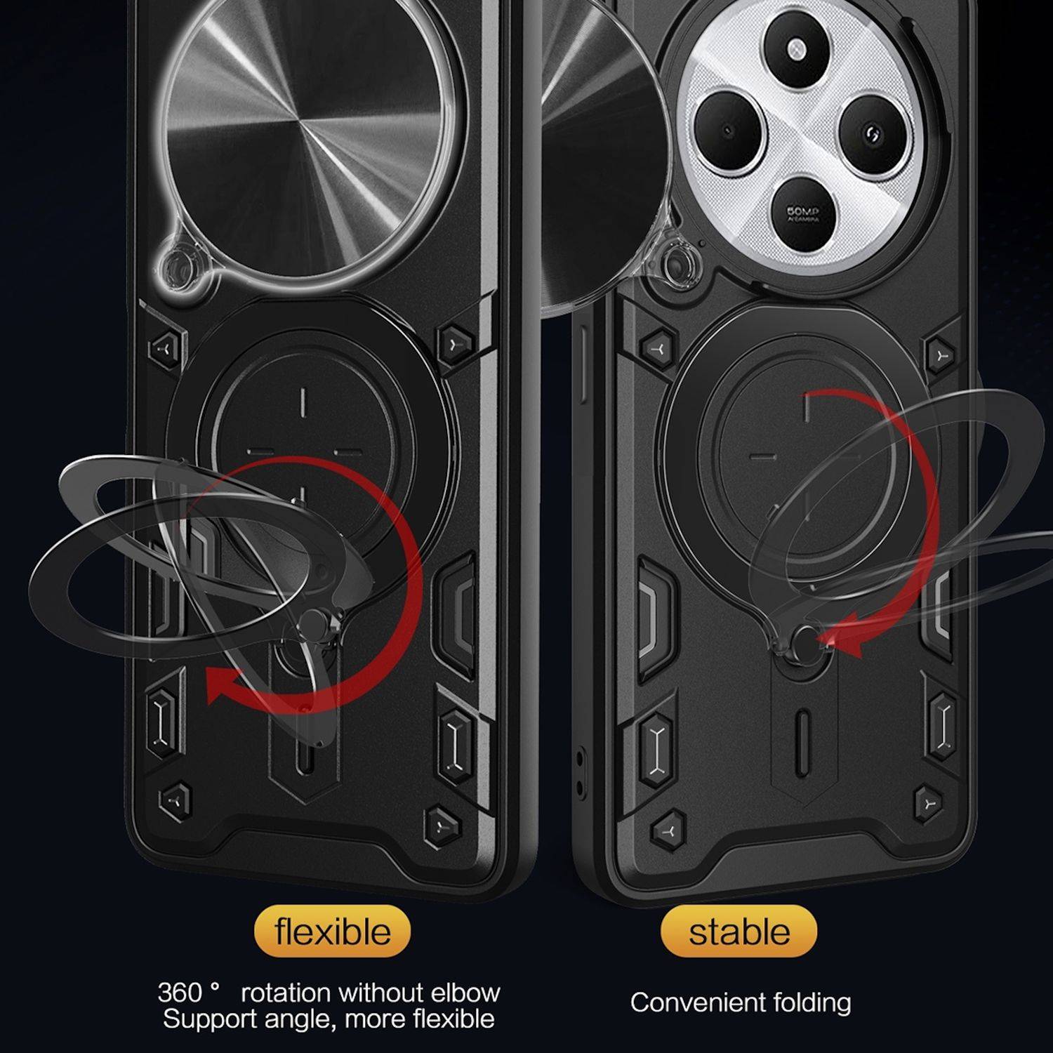 Für Xiaomi Redmi 14C 4G CD Textur Sliding Kamera TPU / PC Hülle Ring Schwarz