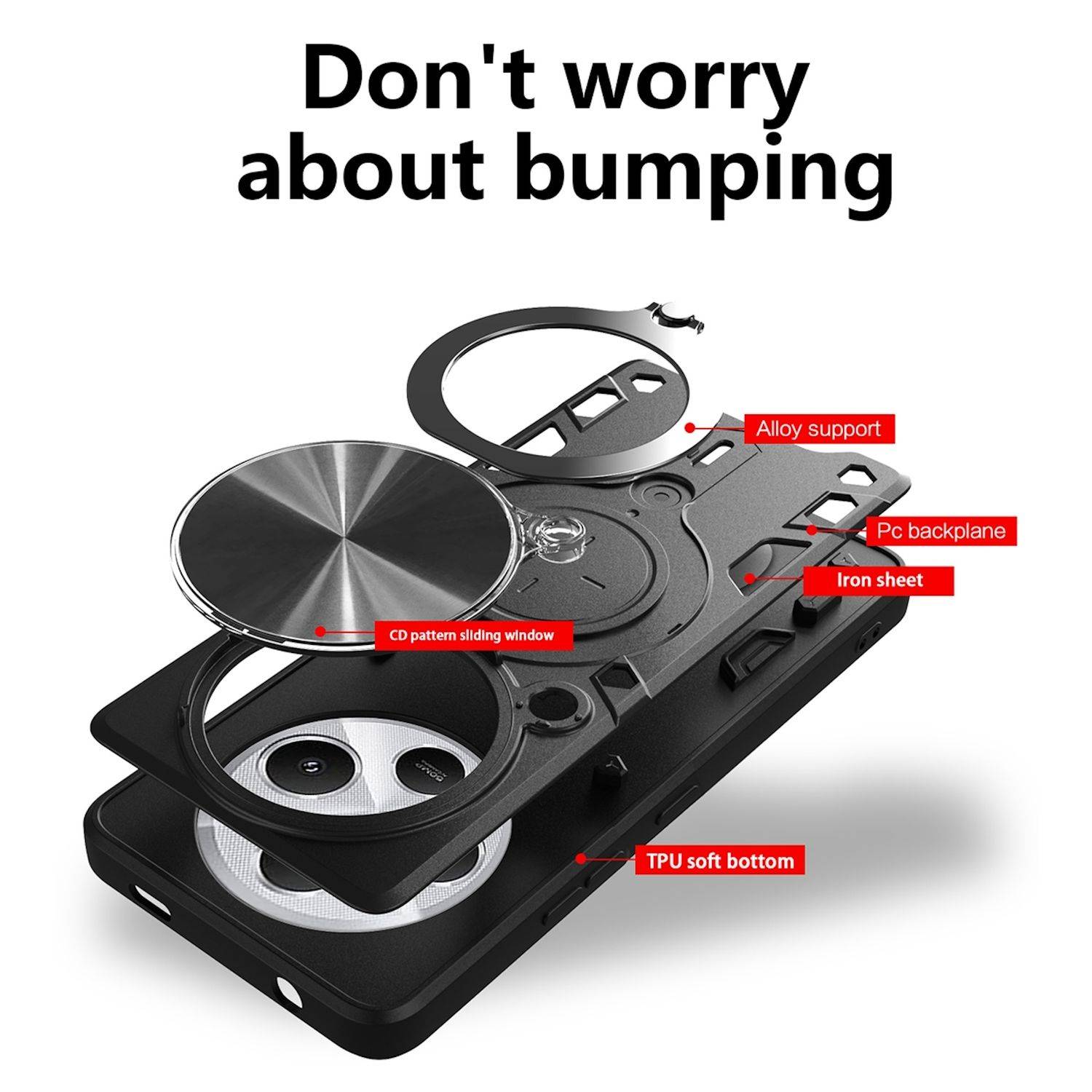 Für Xiaomi Redmi 14C 4G CD Textur Sliding Kamera TPU / PC Hülle Ring Schwarz