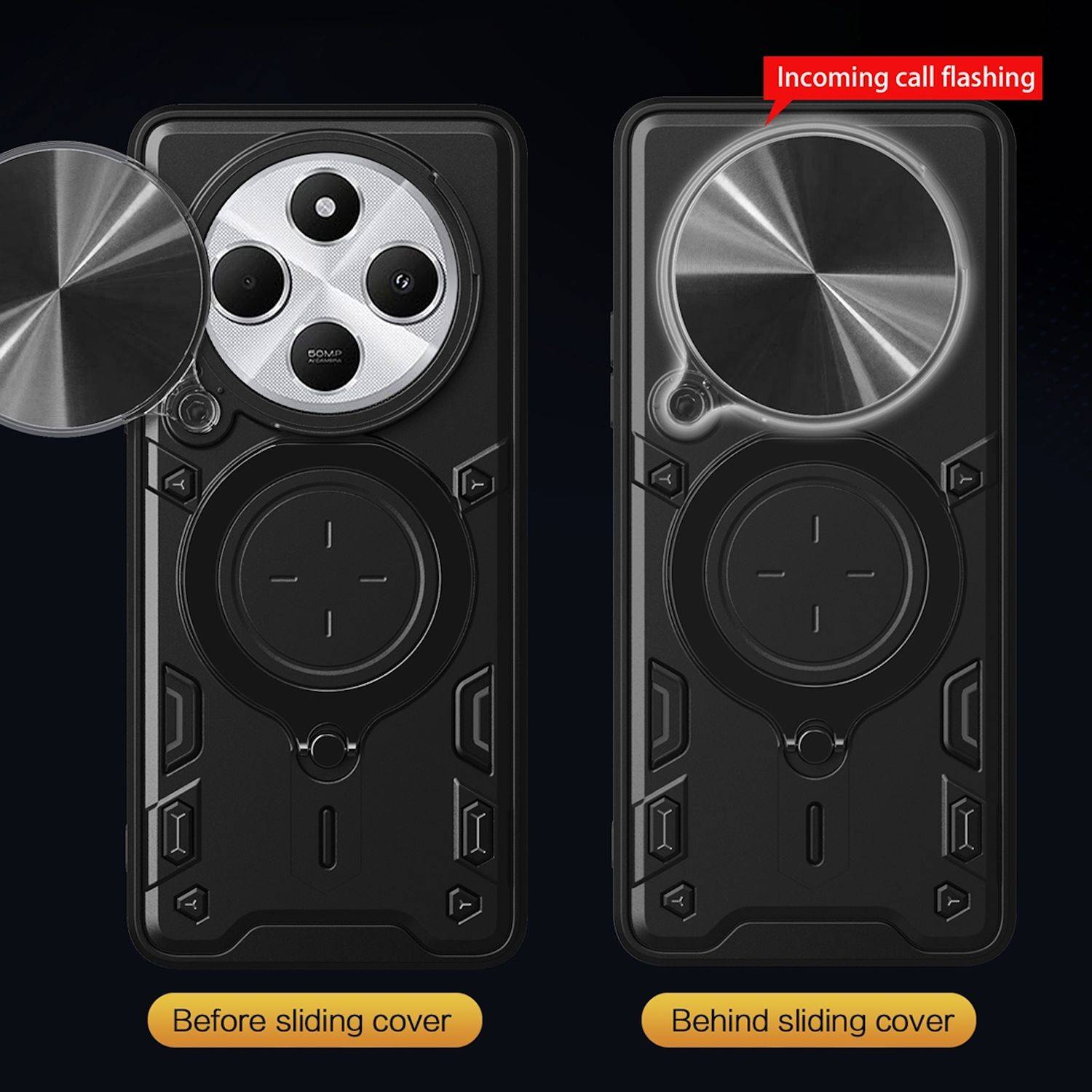 Für Xiaomi Redmi 14C 4G CD Textur Sliding Kamera TPU / PC Hülle Ring Schwarz