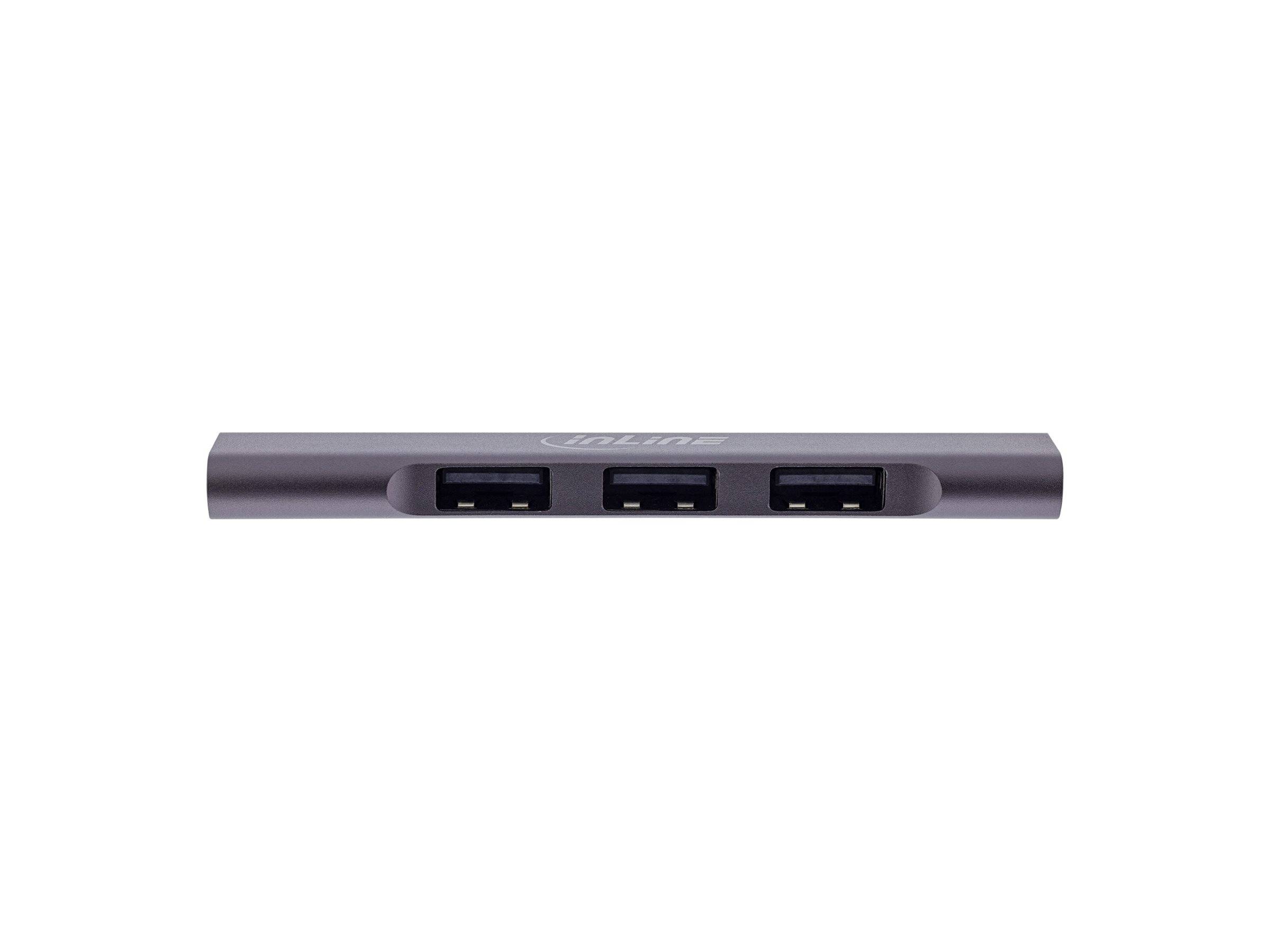 Ein schlanker, schwarzer USB-Hub mit drei USB-Anschlüssen, die in einer Linie angeordnet sind, zum Erweitern der Geräteverbindungen.