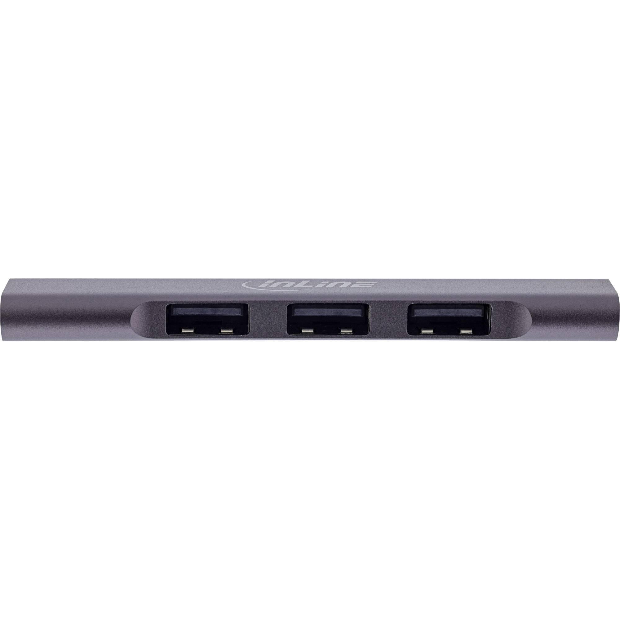 Ein Hub mit drei horizontal angeordneten USB-Anschlüssen, geeignet zum Anschluss mehrerer Geräte, unterstützt die Erweiterung von Konnektivitätsmöglichkeiten.
