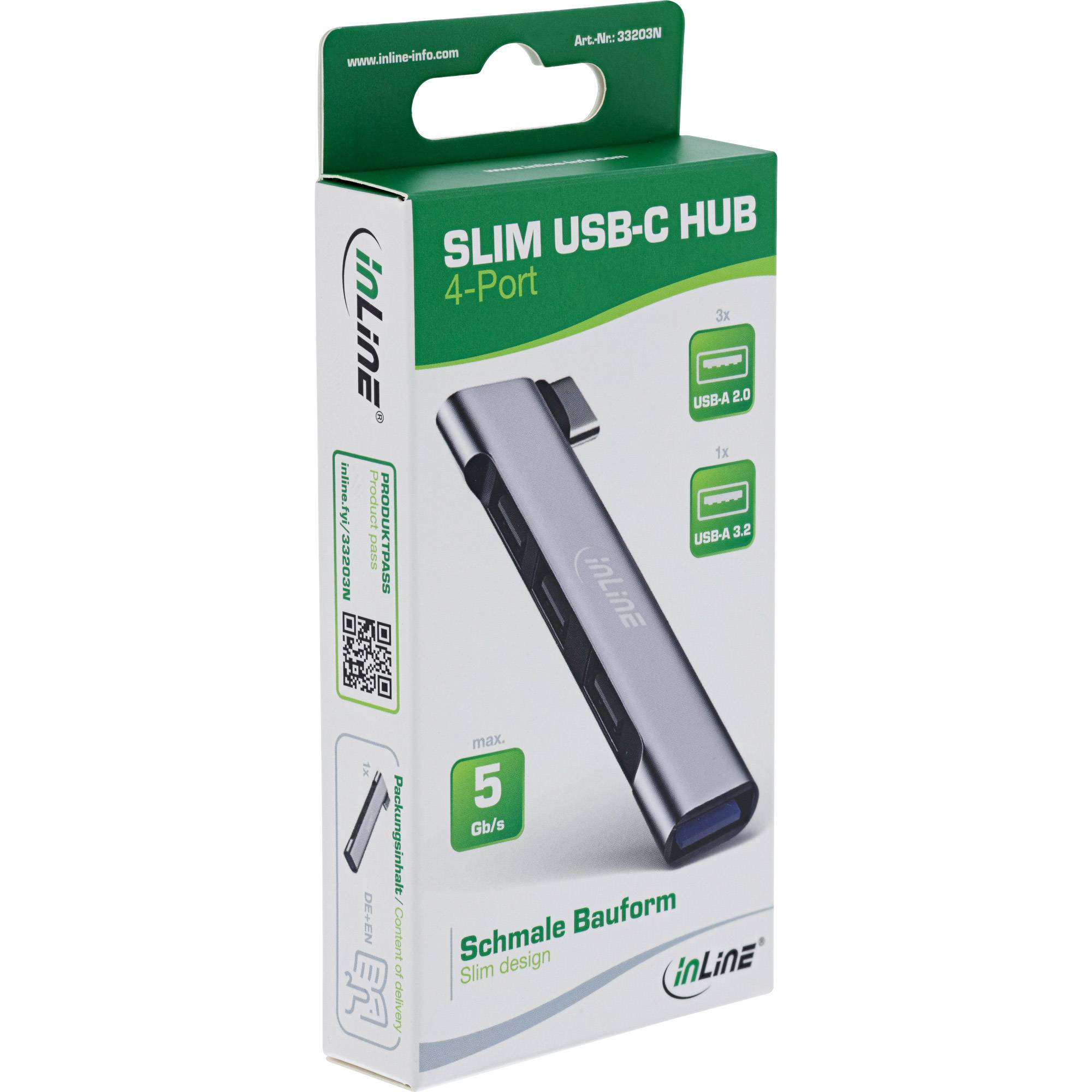 Verpackung für 'inLine Slim USB-C Hub', mit einem 4-Port-Design mit drei USB-A 3.0- und einem USB-C-Anschluss, unterstützt eine Geschwindigkeit von 5 Gb/s.