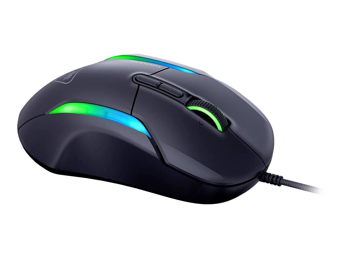 Eine schwarze Gaming-Maus mit Seitentasten und farbigen LED-Leuchten, die blaue und grüne Akzente zeigt, verbunden durch ein Kabel.