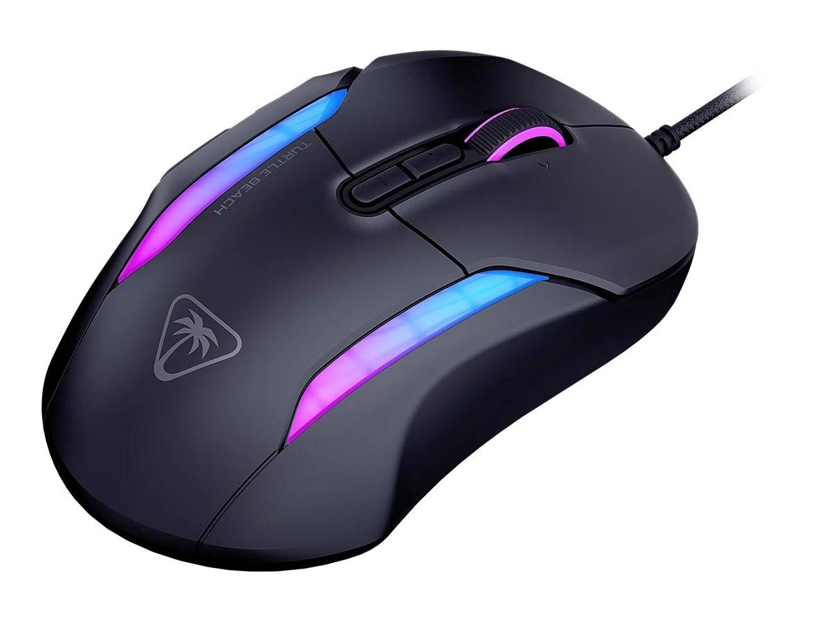 Eine schwarze Gaming-Maus mit LED-Beleuchtung in Blau und Lila, mit mehreren Tasten und einem Scrollrad.