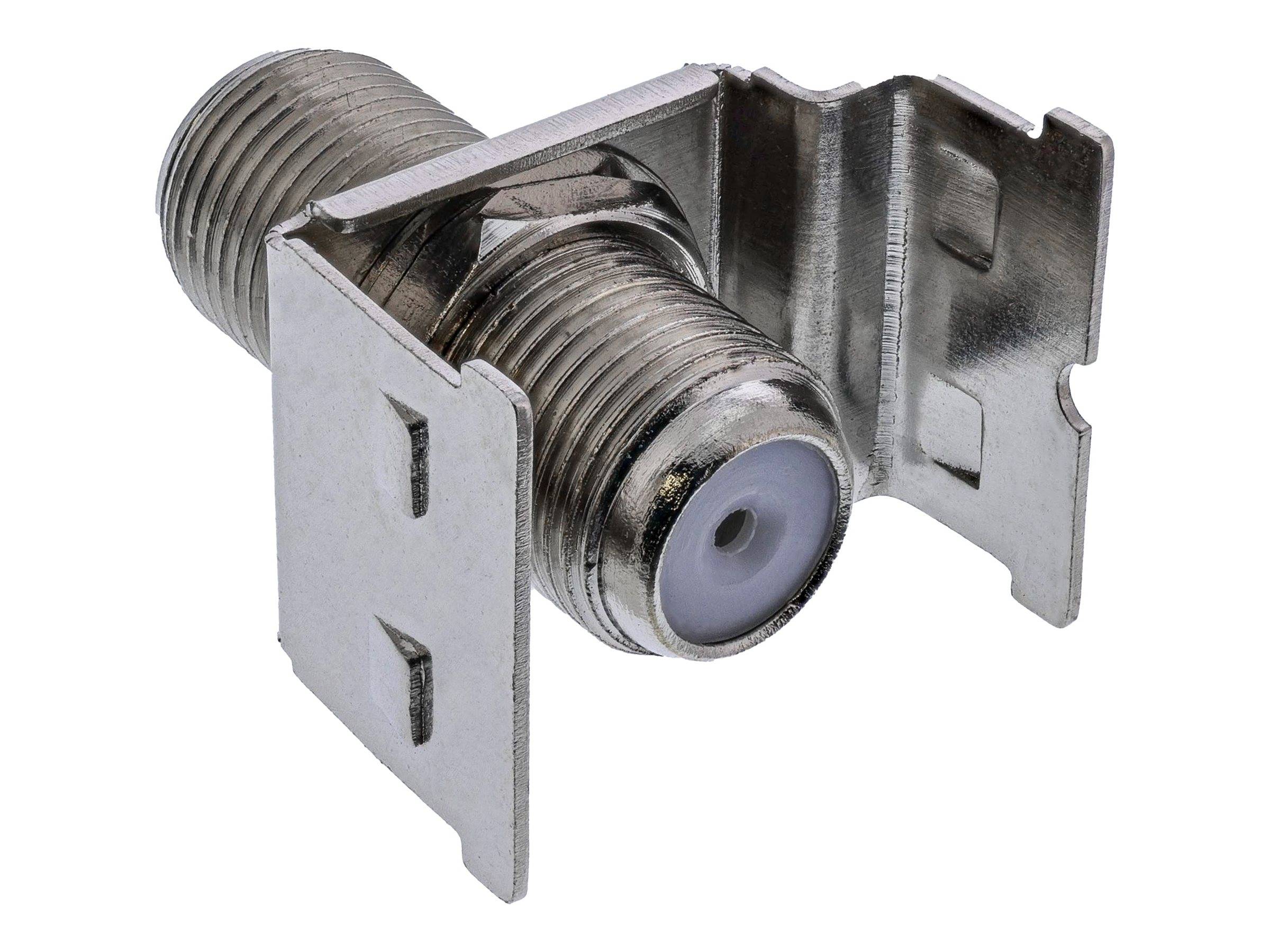 Ein metallischer F-Typ Koaxial-Kabelstecker mit Befestigungsclip, konzipiert für die sichere Verbindung in elektronischen Geräten oder Installationen.