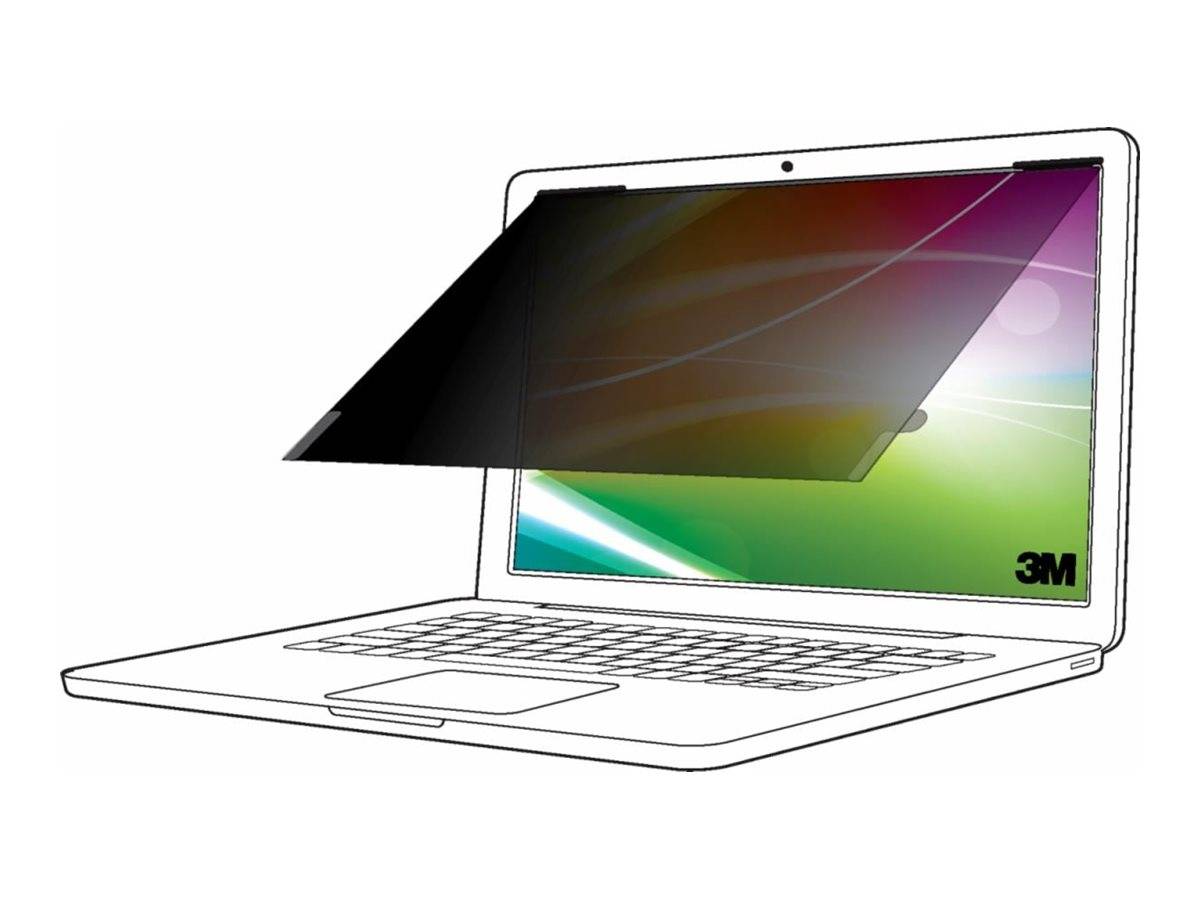 Ein Laptop mit einem teilweise geneigten Sichtschutzfilter, der eine Schutztechnologie zeigt, die die Bildschirmsicht von Seitenwinkeln einschränkt.