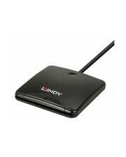 Schwarzer USB-Smartcard-Leser mit angeschlossenem Kabel, Markenname LINDY oben, zum Lesen von Smartcards ausgelegt, auf weißem Hintergrund platziert.