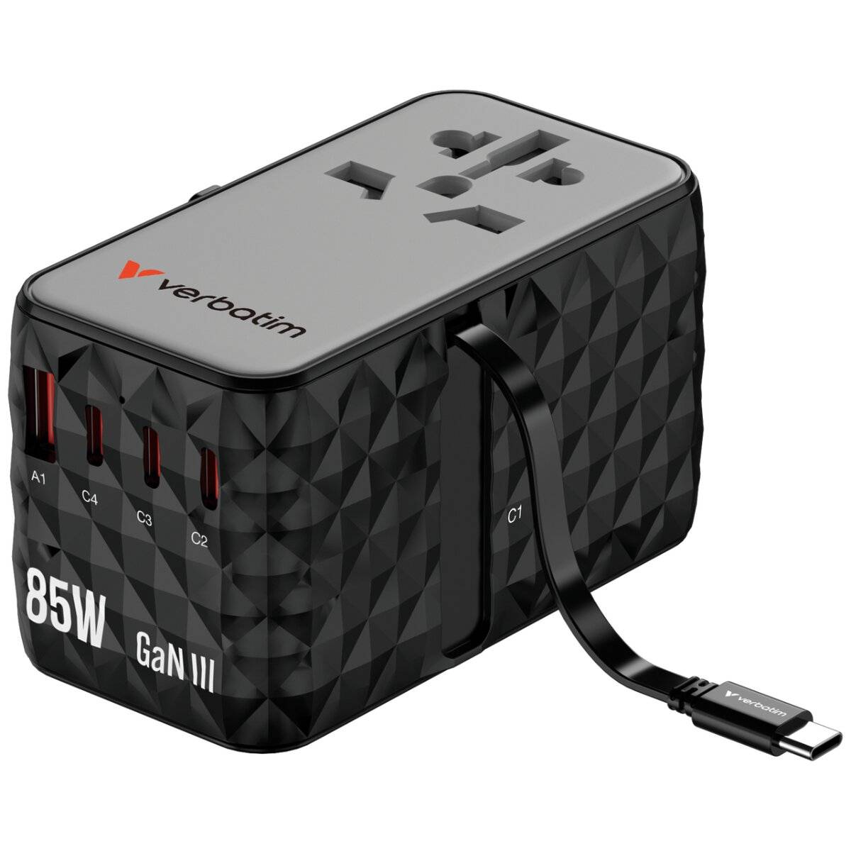 Ein schwarzes Verbatim 85W GaN III Ladegerät mit mehreren USB-Anschlüssen und einem einziehbaren USB-C-Kabel, entwickelt für vielseitige Ladeaufgaben.