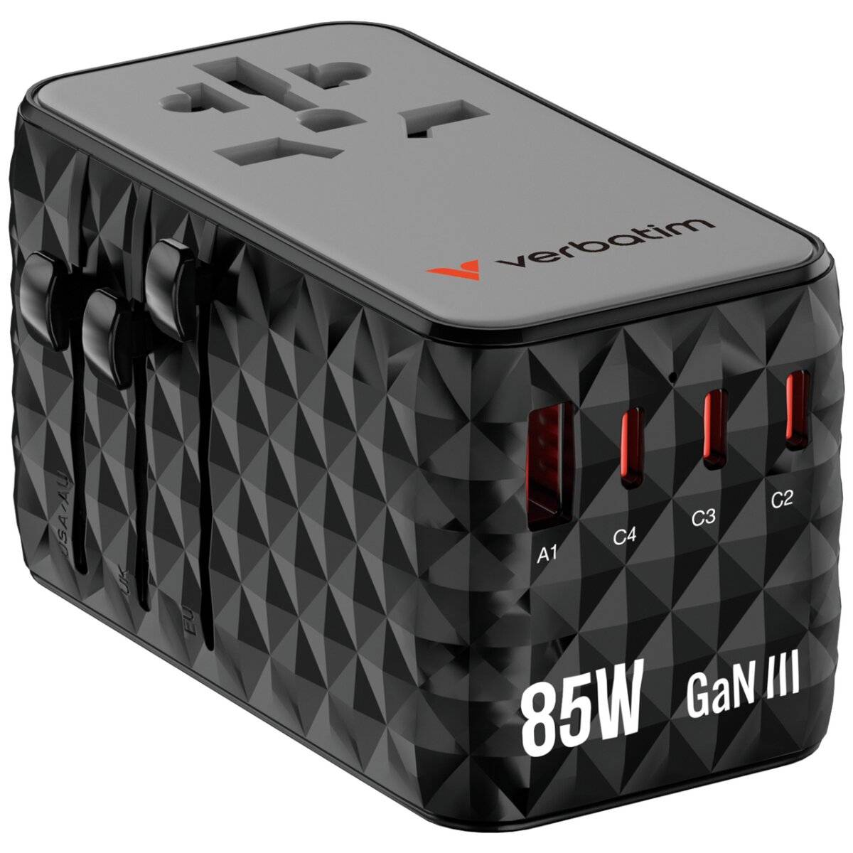 Ein schwarzer Verbatim 85W GaN III Universal-Reiseadapter mit mehreren Steckertypen und USB-Anschlüssen, konzipiert für vielseitige internationale Nutzung.