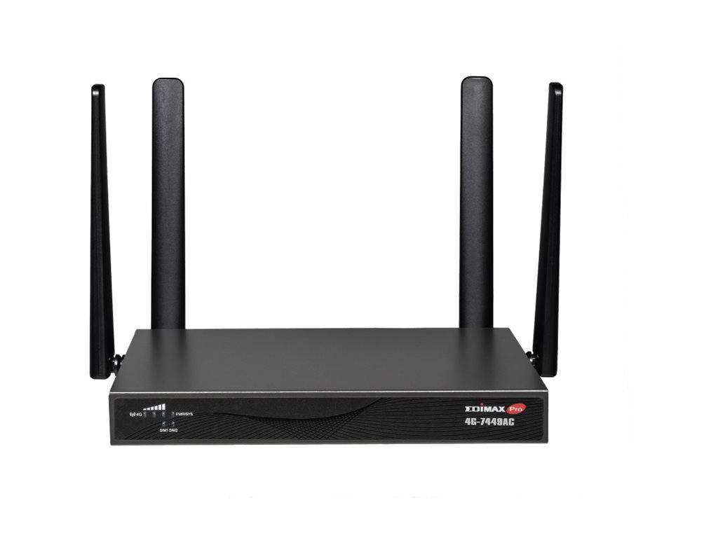 Schwarzer Edimax 4G Router/Modem mit vier Antennen, von vorne gezeigt auf weißem Hintergrund.