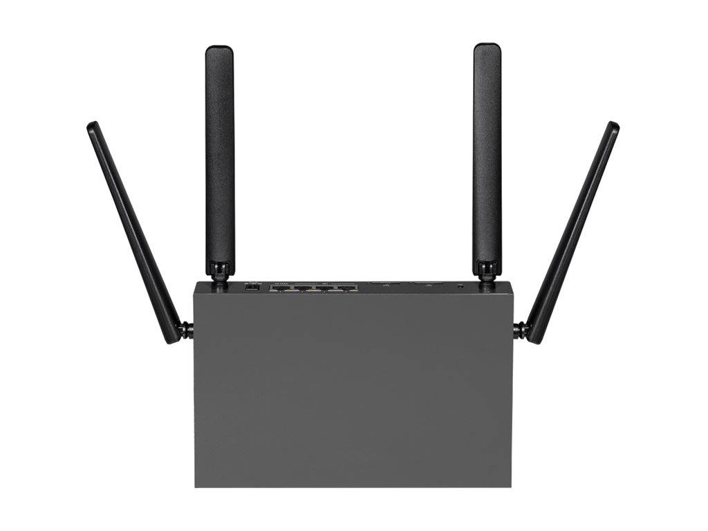 Schwarzer kabelloser Router mit vier externen Antennen auf weißem Hintergrund.