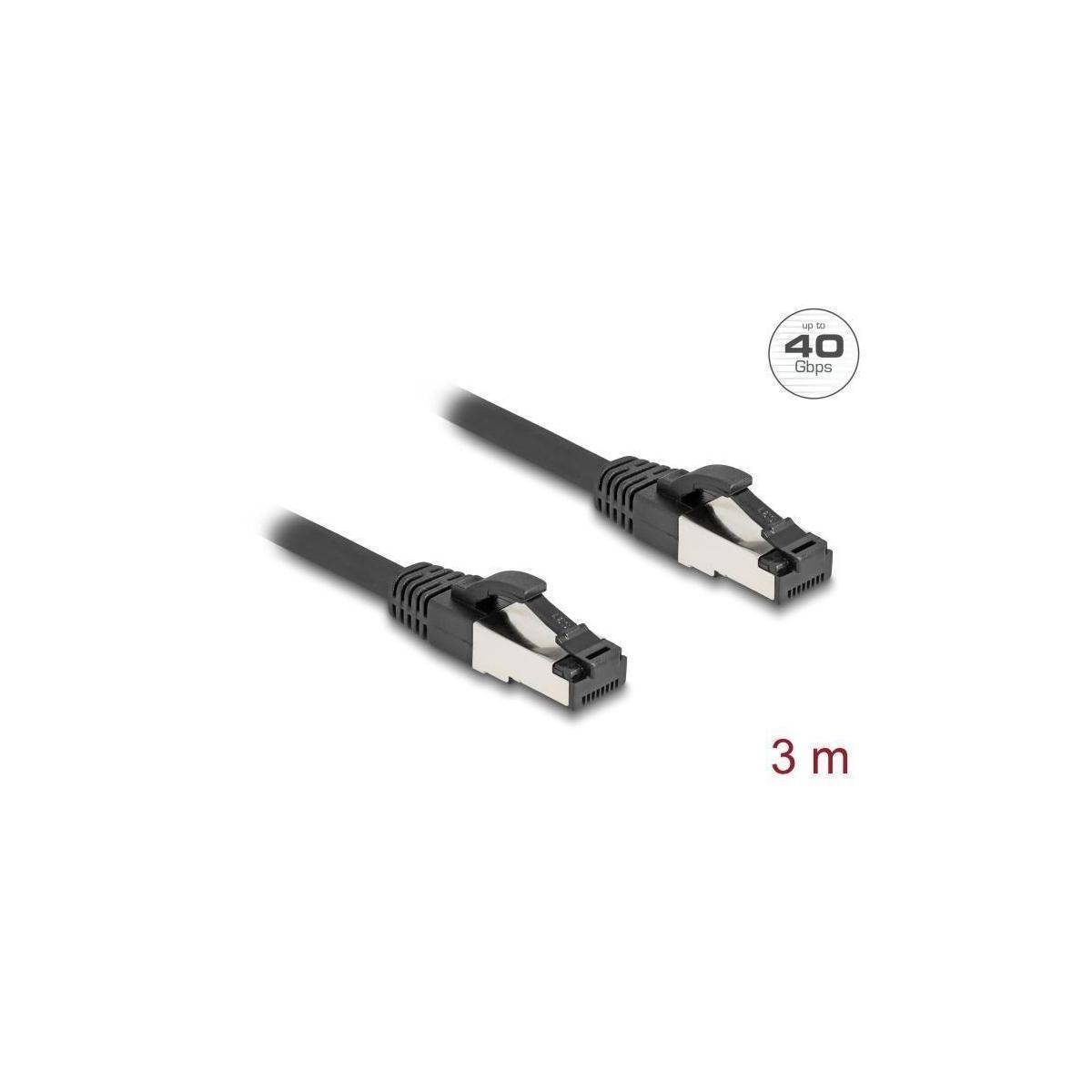 Cat6 Ethernet-Kabel, 3 Meter, schwarz, Geschwindigkeitsfähigkeit von 40 Gbps, mit zwei RJ45-Anschlüssen.
