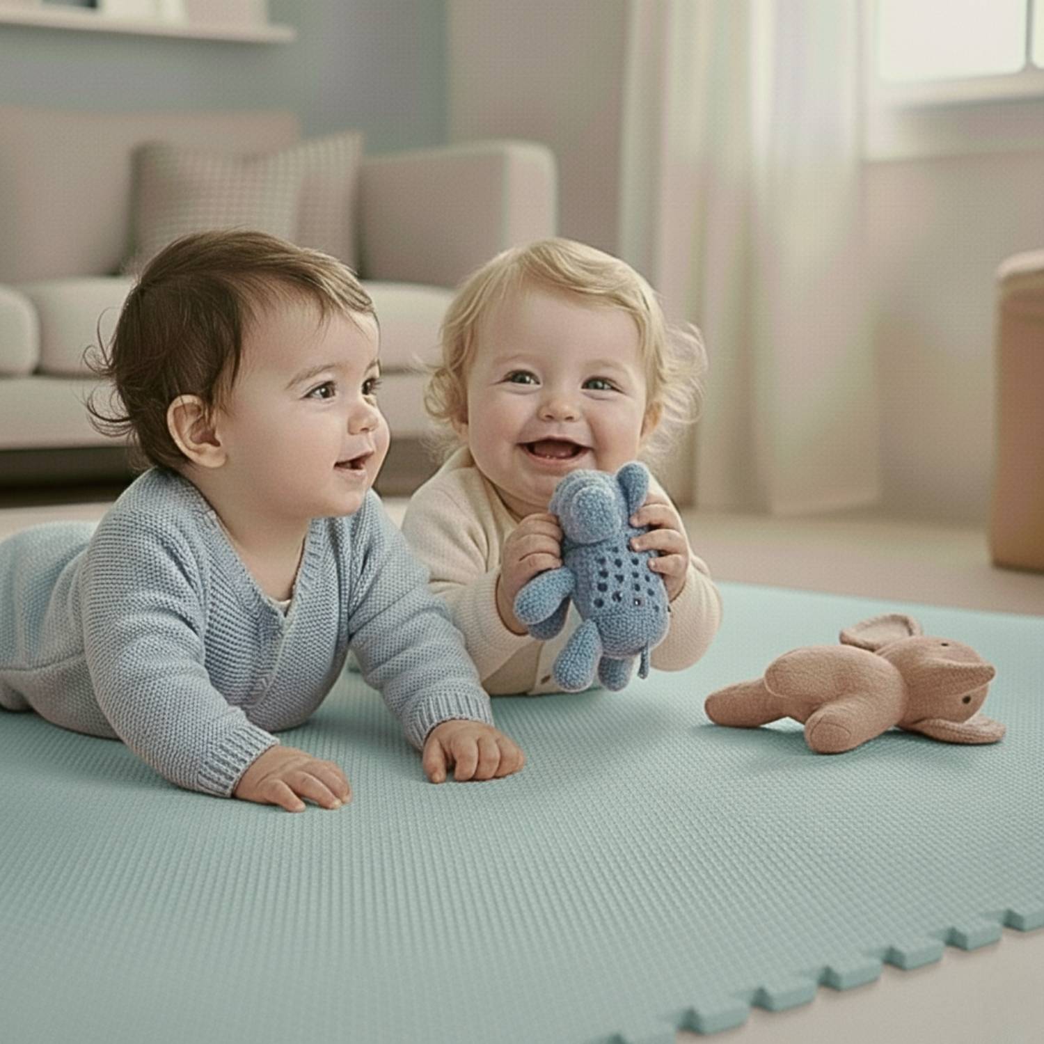Zwei Kleinkinder liegen auf einer weichen Matte, eines hält ein blaues gestricktes Spielzeug, und beide lächeln in einem gemütlichen, pastellfarbenen Raum.