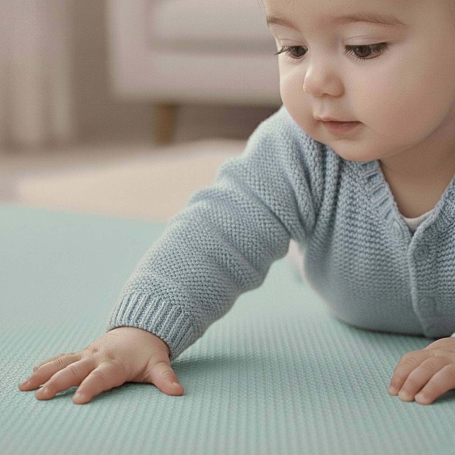 Ein Baby in einem blauen Pullover lehnt sich nach vorne auf einer hellblauen Matte drinnen und blickt neugierig auf etwas außerhalb des Bildrands.