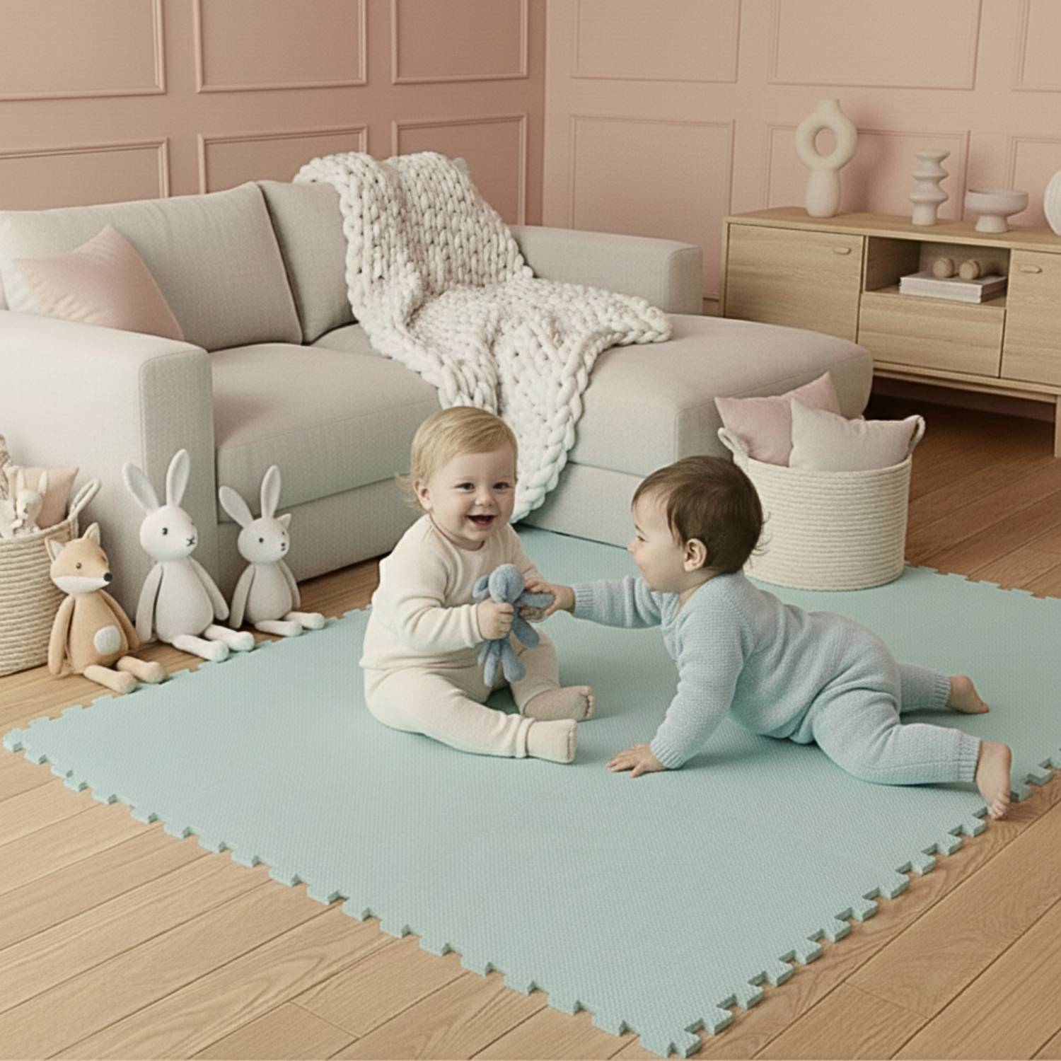 Zwei Babys spielen auf einer weichen blauen Matte in einem gemütlichen Wohnzimmer mit einer Couch, Spielzeugen und Dekoration. Der Raum hat ein ruhiges Farbschema in Pastelltönen.
