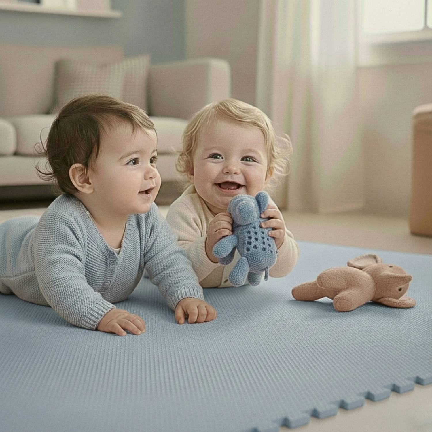 Zwei Kleinkinder in gemütlichen Pullovern sitzen auf einer blauen Matte und lächeln. Eines hält ein blaues Spielzeug, und ein braunes Spielzeug liegt neben ihnen, während weiche Möbel im Hintergrund zu sehen sind.