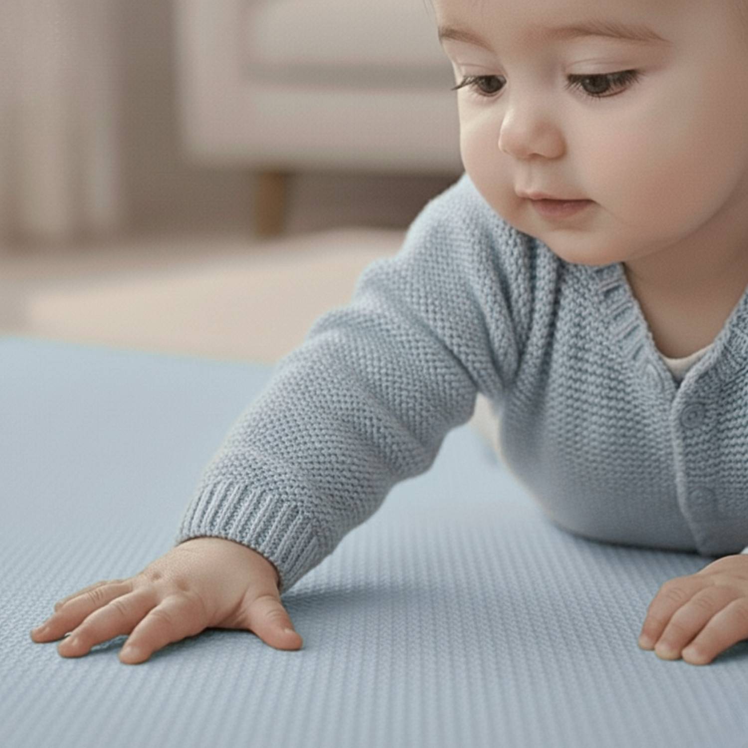 Ein Baby in einem blauen Pullover streckt neugierig seine Hand aus, während es auf einer hellblauen strukturierten Oberfläche liegt und dabei Erkundung und Spielfreude andeutet.