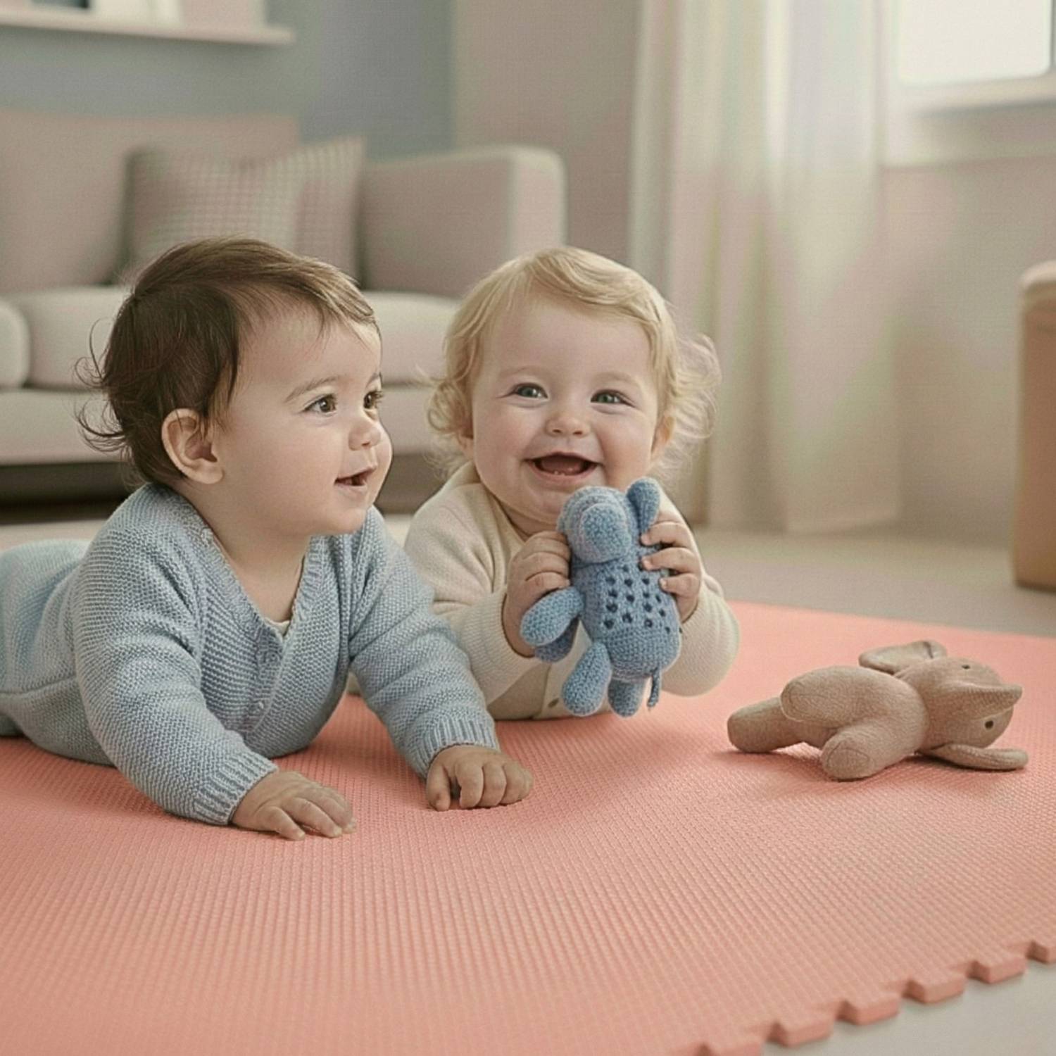 Zwei Babys auf einer rosa Matte; eines hält ein blaues Plüschtier. Beide lächeln, umgeben von weichen, pastellfarbenen Einrichtungsgegenständen.
