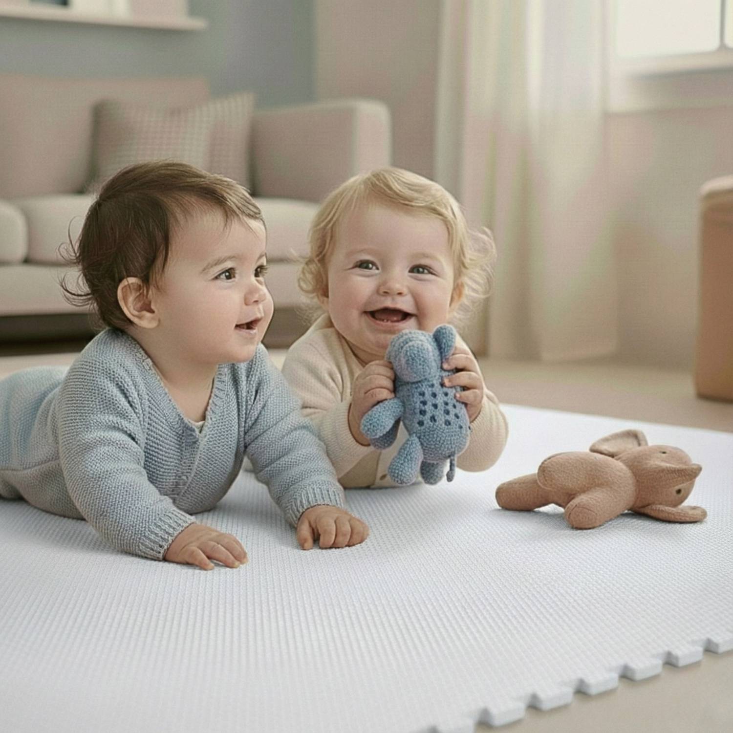 Zwei Babys auf einem weichen Boden, eines in Grau und das andere in Beige, lächeln und halten Stofftiere. Gemütliche Zimmereinrichtung im Hintergrund.