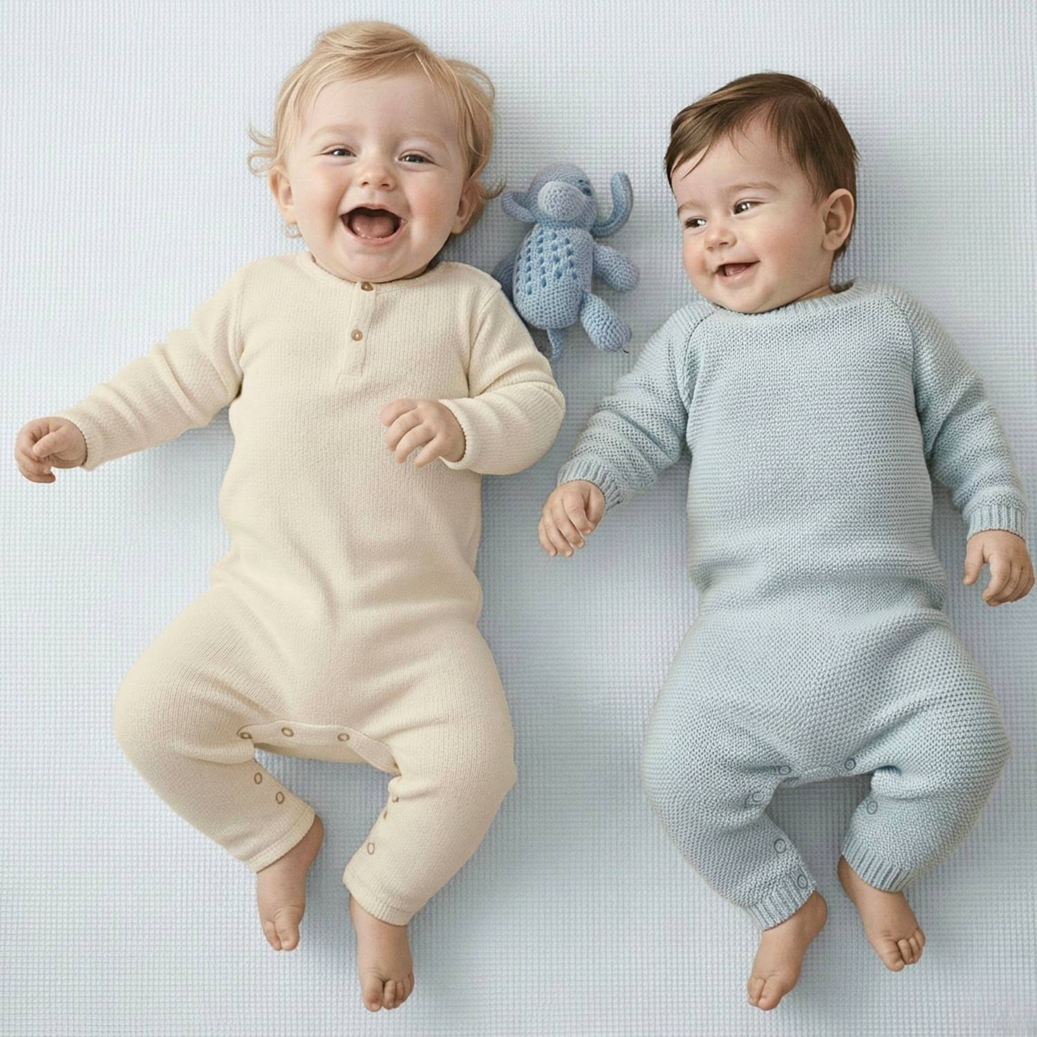 Zwei lächelnde Babys in pastellfarbenen Stramplern liegen auf einer weichen Oberfläche; eines hält ein gestricktes Spielzeug, was einen ruhigen, verspielten Moment symbolisiert.