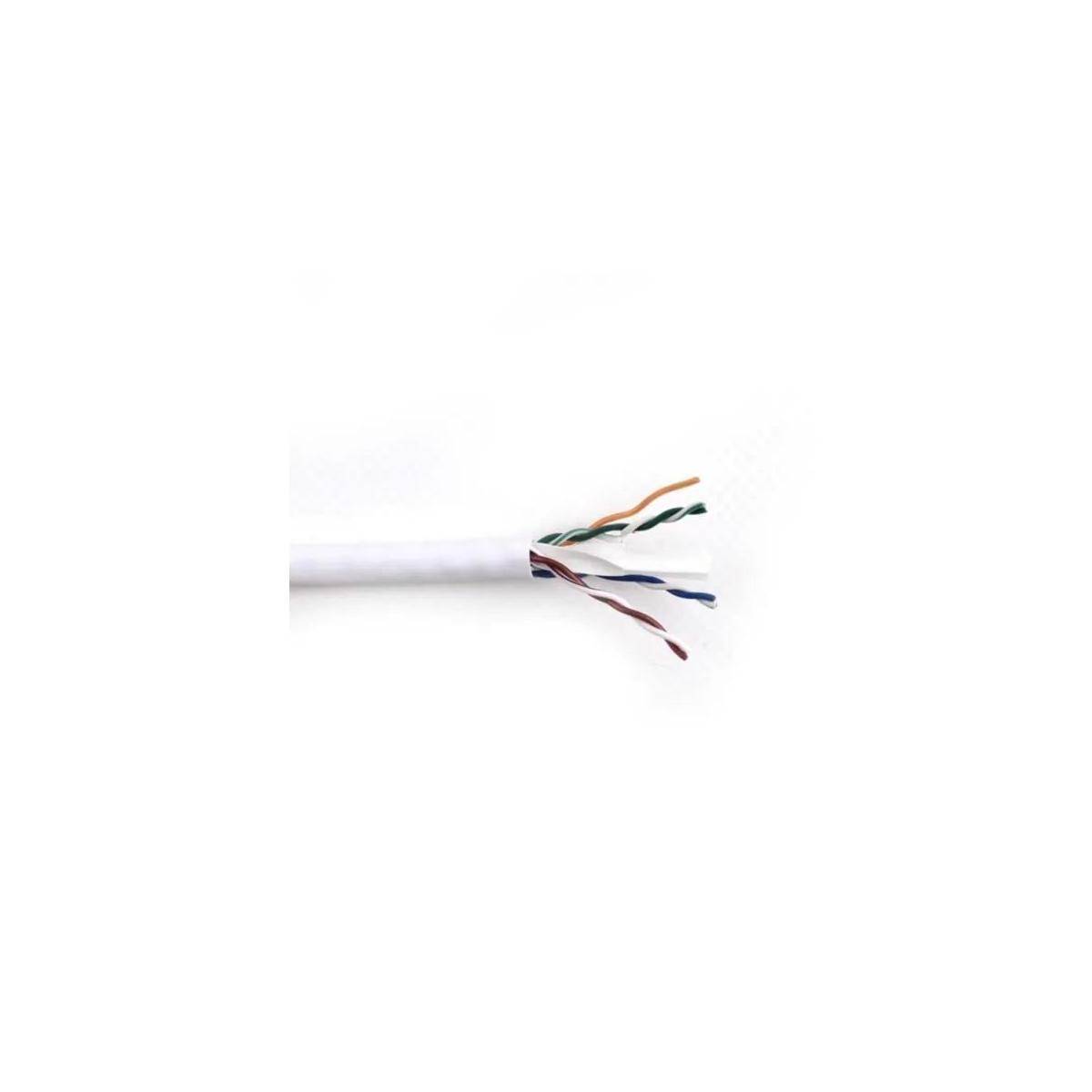 Ein weißes, ungeschirmtes Twisted-Pair-Kabel mit mehreren freiliegenden, farbcodierten Leitern, das für Netzwerk- und Telekommunikationsanwendungen verwendet wird.