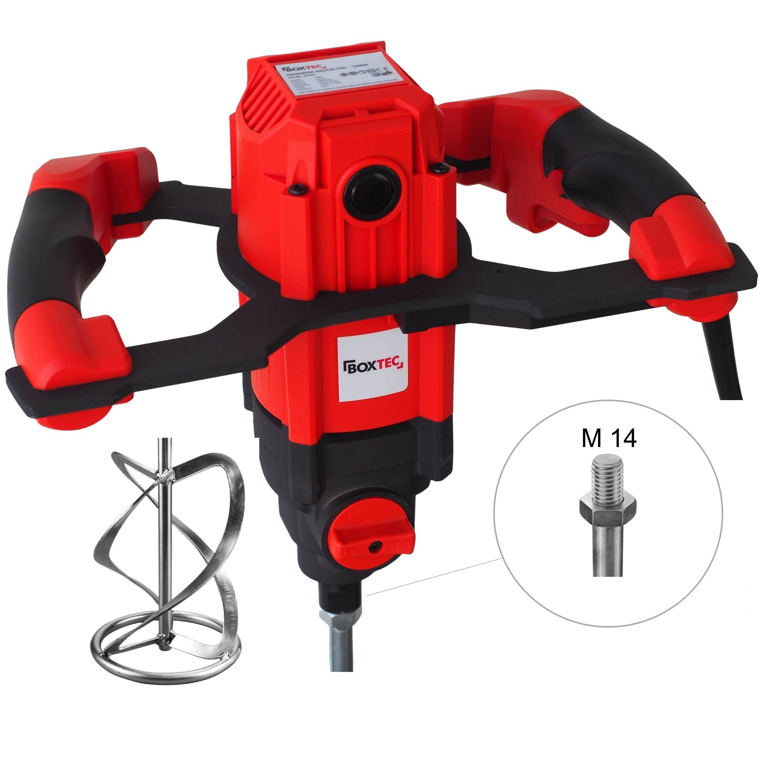 Roter tragbarer elektrischer Farbmischer mit Doppelgriffen und Rührpadel, abgebildet mit spiralförmiger Rühranlage und M14-Anschlussdetail.