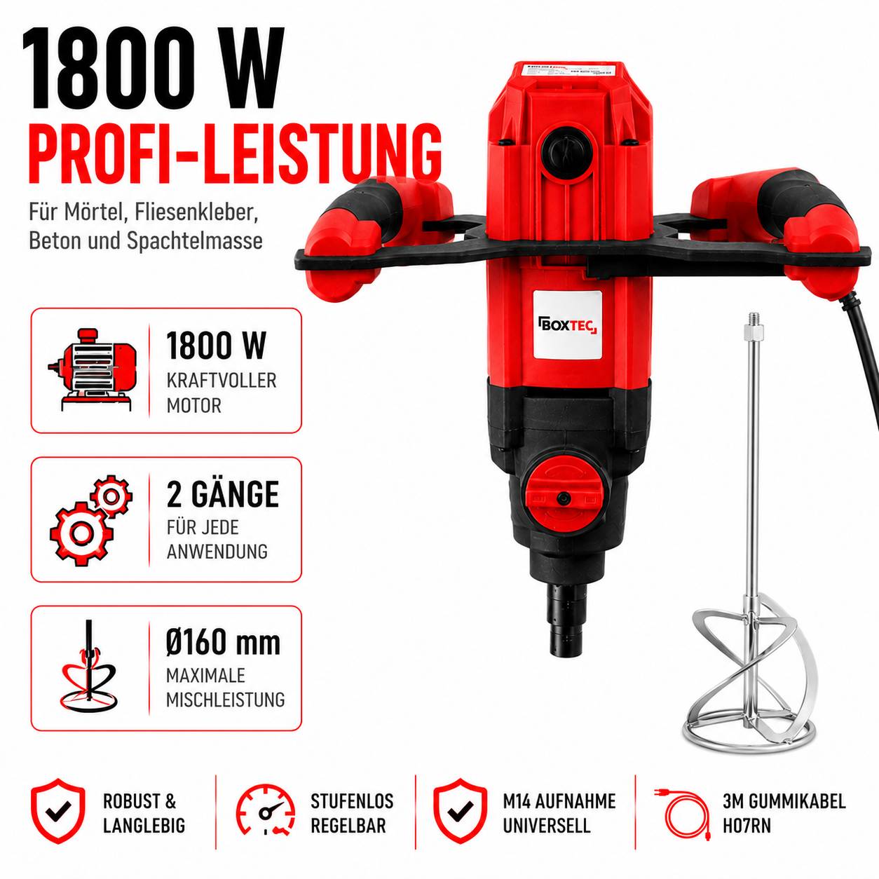 BOXTEC MXE 1800 W 2-Gang PROFI Rührwerk inkl. M14 Rührkorb-1800 W / 2-Gang / inkl. Quirl