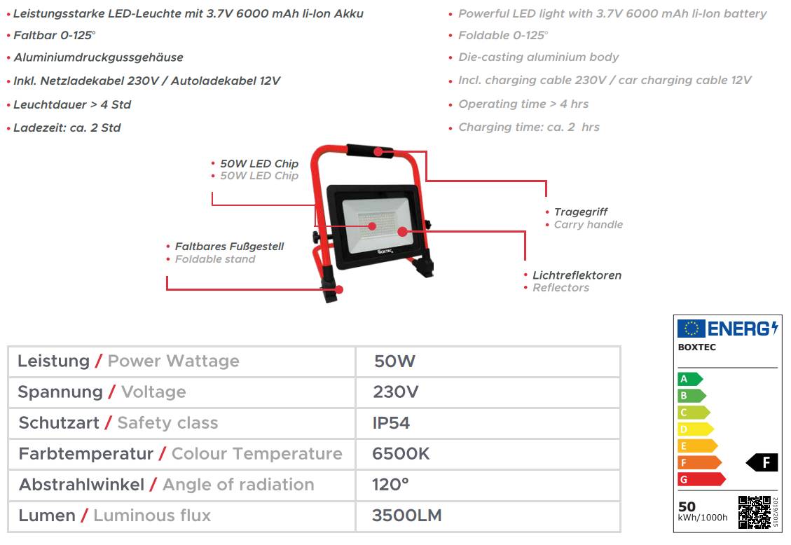 Diagramm einer 50-W-LED-Arbeitsleuchte mit gekennzeichneten Funktionen und Spezifikationen: 230V, IP54, 6500K, 120° Abstrahlwinkel, 3500 lm, klappbarer Ständer, Griff und Reflektor.