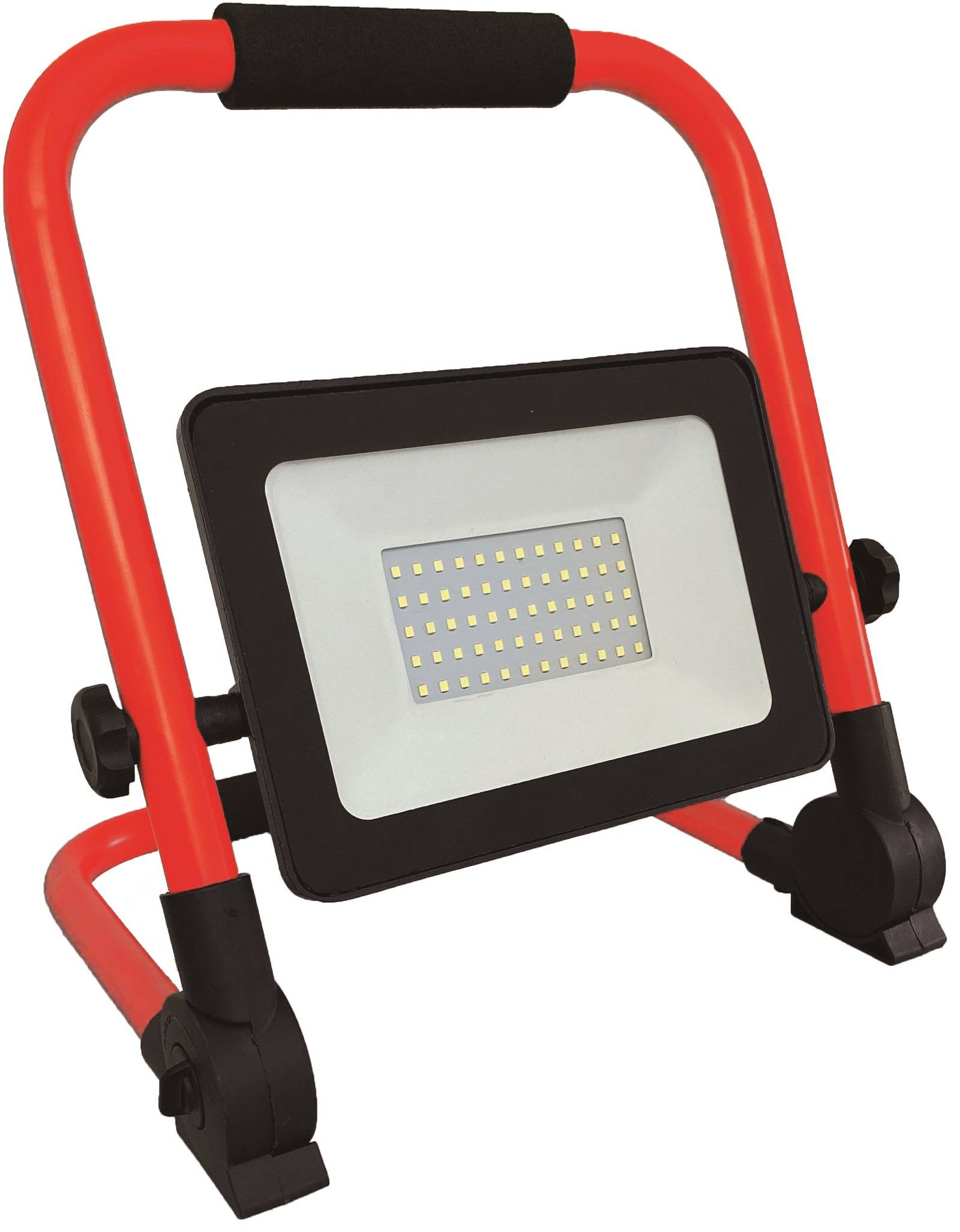 Tragbare rote LED-Arbeitsleuchte mit verstellbarem Ständer und schwarzem Griffrahmen auf weißem Hintergrund