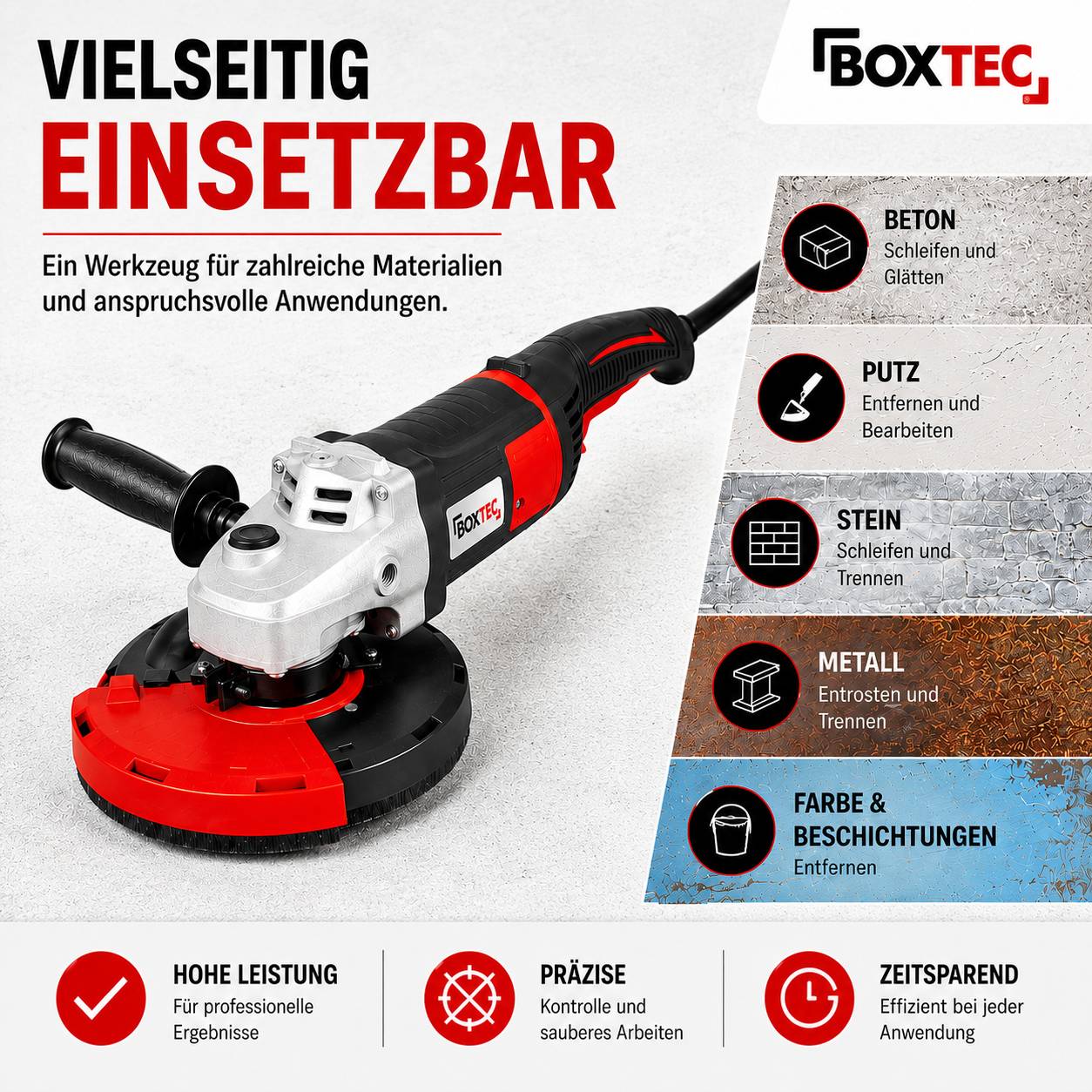 BOXXTEC Winkelschleifers Anzeige: vielseitiges Werkzeug für Beton, Gips, Stein, Metall und Beschichtungen; hebt hohe Leistung, Präzision und Zeiteinsparung hervor.