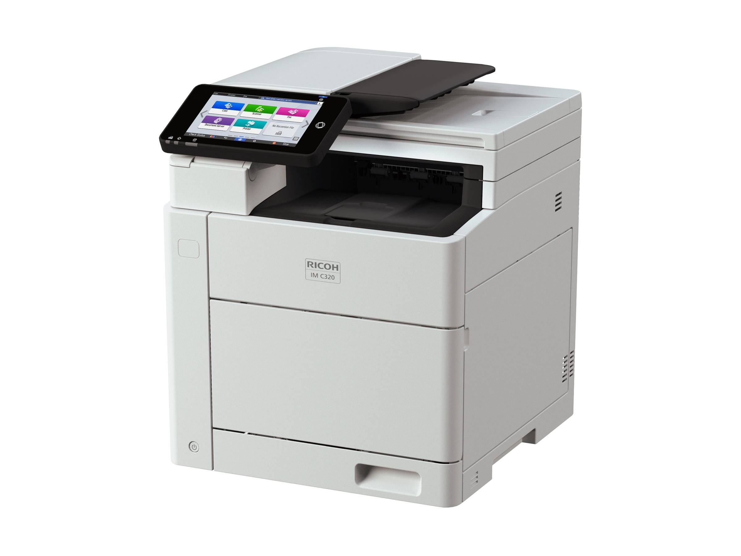 Weißer Ricoh Multifunktionsdrucker mit Touchscreen-Bedienfeld, isoliert auf weißem Hintergrund dargestellt.