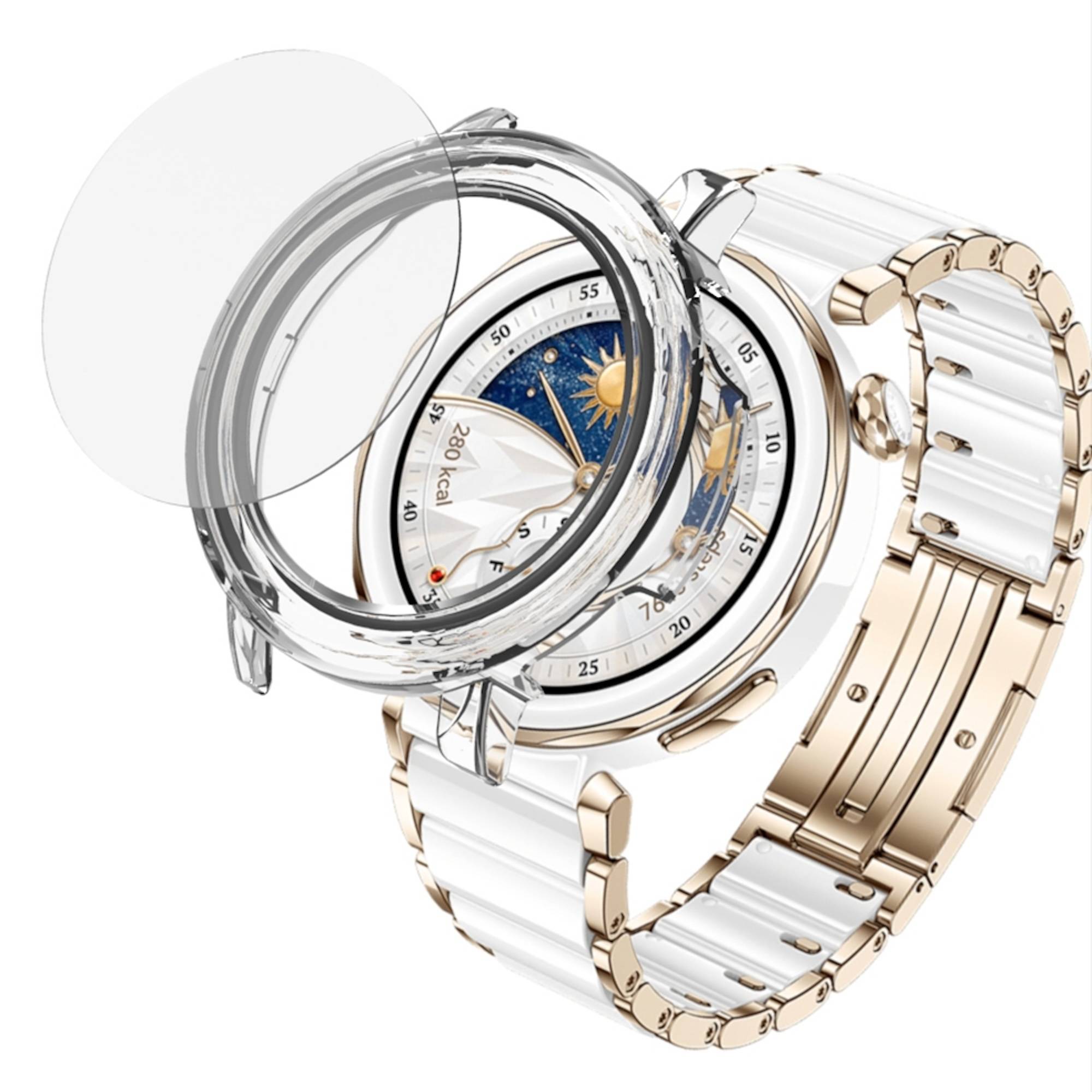 Luxus-Armbanduhr mit offener Gehäusrückseite und transparentem Zifferblatt, das die innere Anzeige und mechanischen Details auf einem zweifarbigen Metallarmband zeigt.