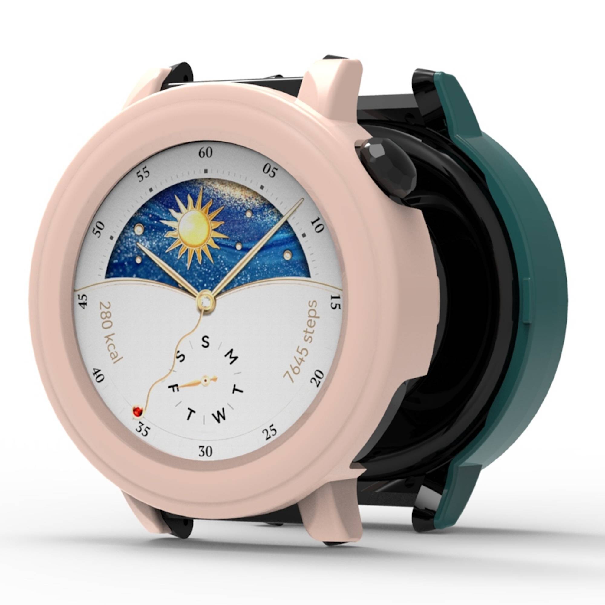 Nahaufnahme einer Smartwatch mit einem gesundheitsorientierten analogen Zifferblatt mit Sonnengrafik, Wochentagen, Kalorien- und Schrittanzahlen.