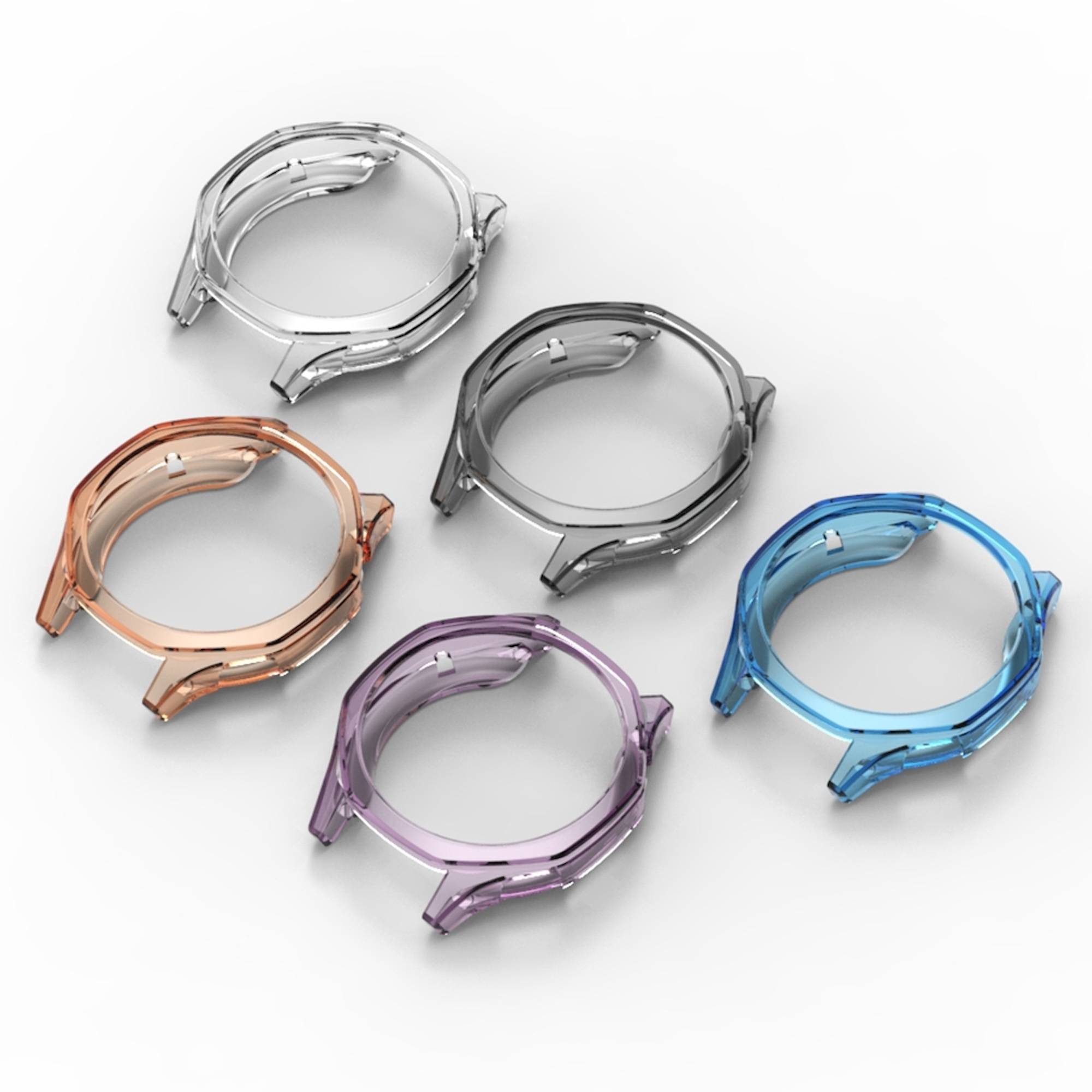 Fünf transparente Uhrengehäuseringe in Silber, Dunkelgrau, Roségold, Lila und Blau auf weißem Hintergrund angeordnet.