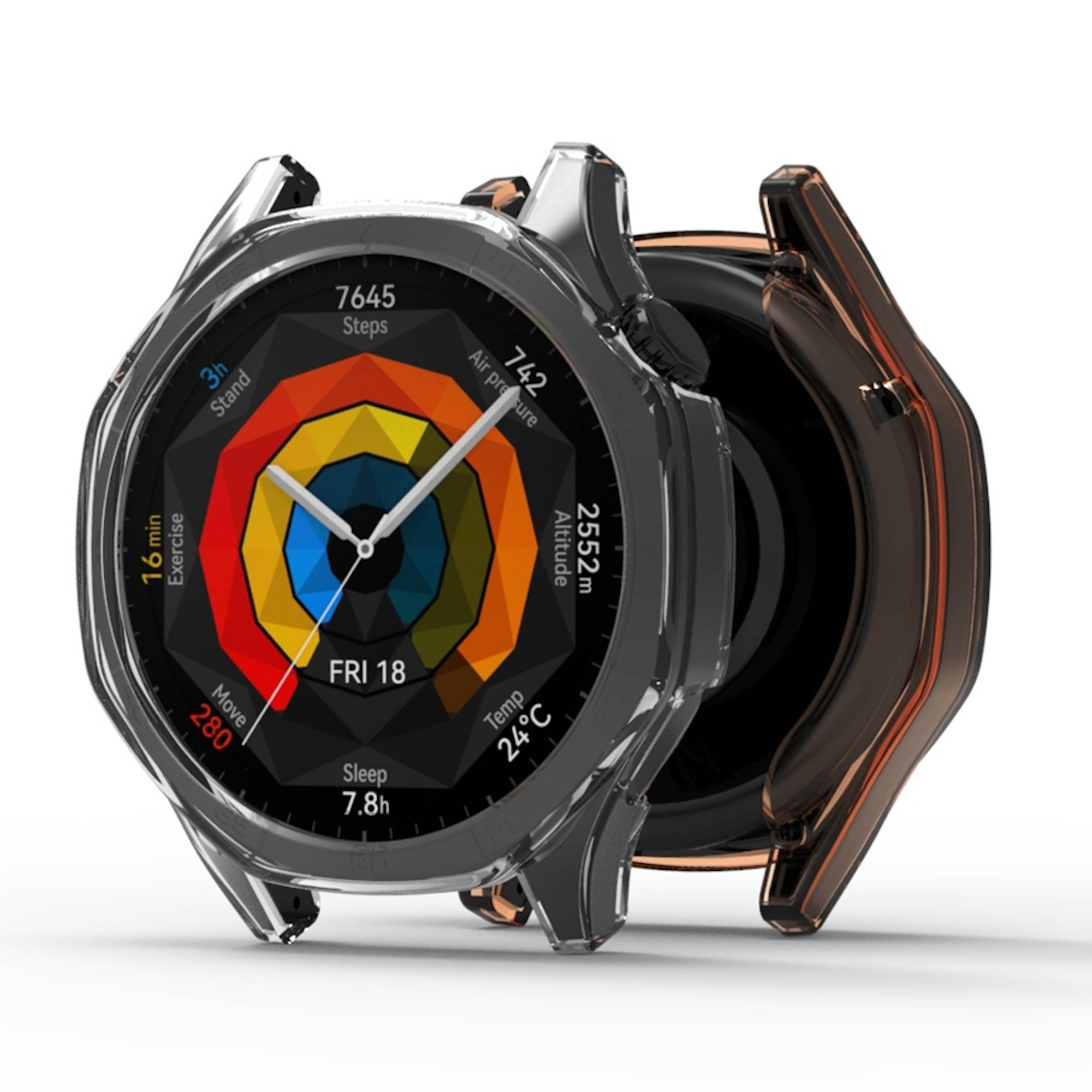 Zwei Smartwatches, vorne und hinten gezeigt, wobei die vordere Uhr ein farbenfrohes radiales Fitness-Dashboard und analoge Zeiger anzeigt.