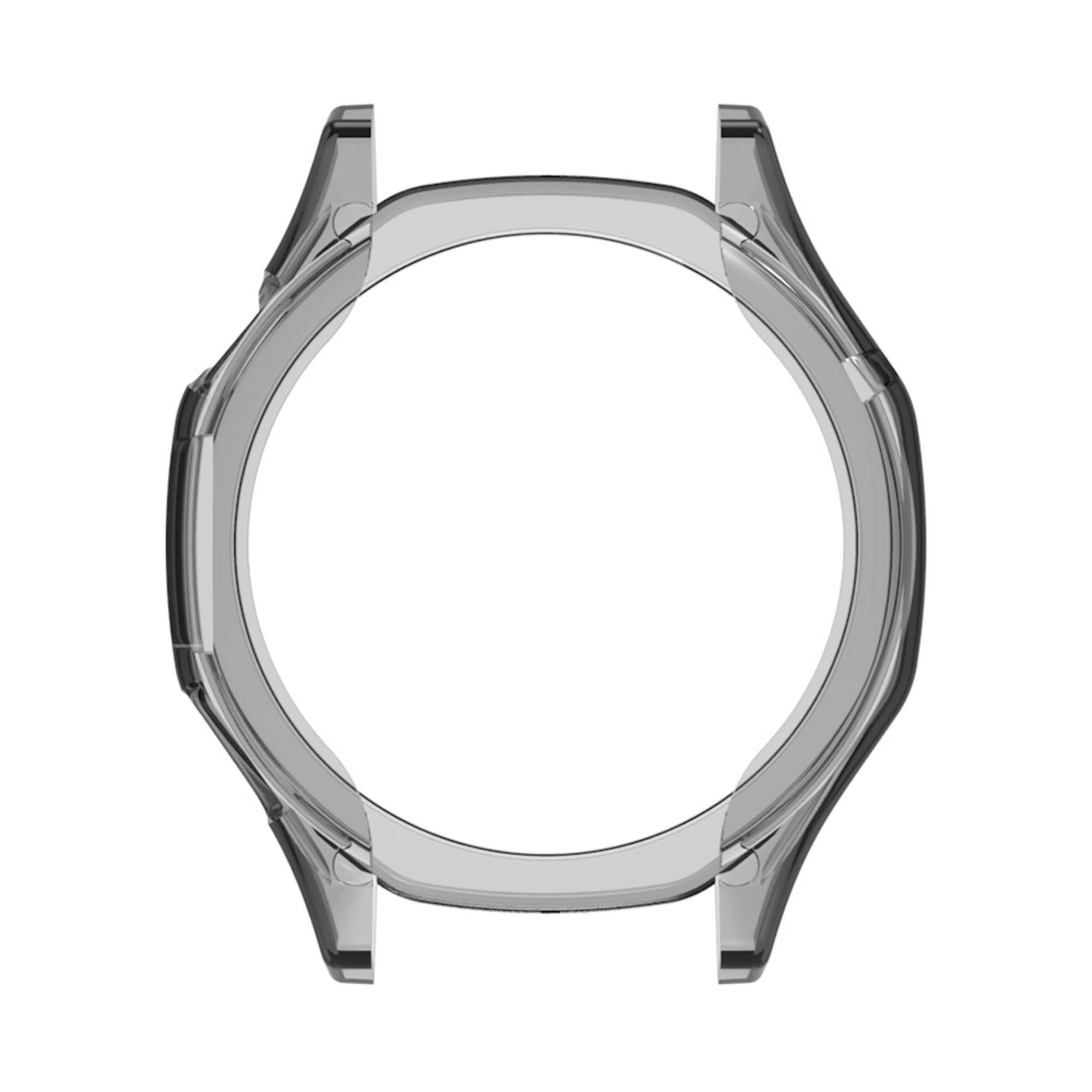 Transparentes graues Uhrengehäuse in Vorderansicht, ein leeres kreisförmiges Gehäuse für eine Armbanduhr.