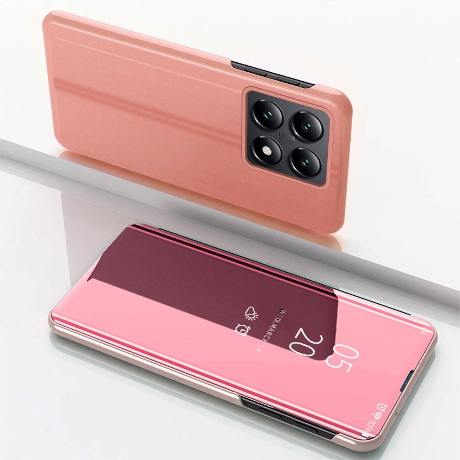 Für Xiaomi 14T Pro View Spiegel Handy Smart Cover Wake UP Funktion Case Pink