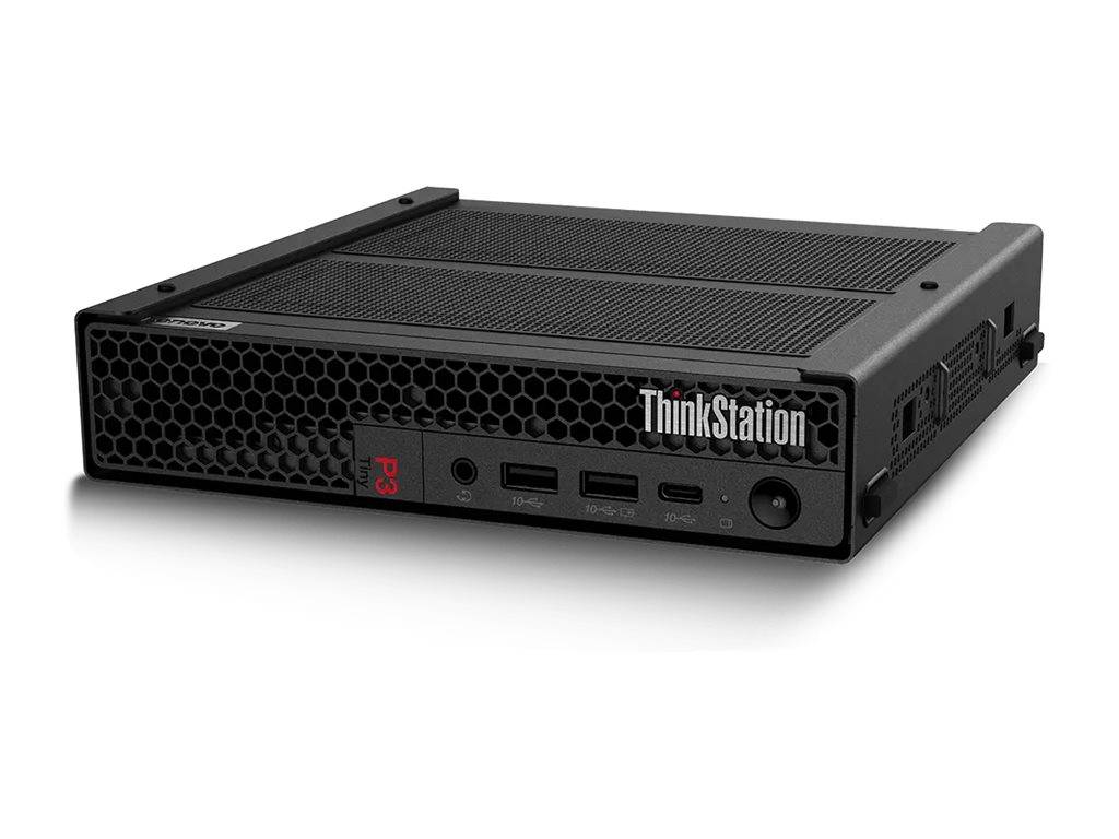 Ein kompakter schwarzer Desktop-Computer mit der Bezeichnung 'ThinkStation', der mehrere USB-Anschlüsse und einen Einschaltknopf auf dem Frontpanel aufweist.