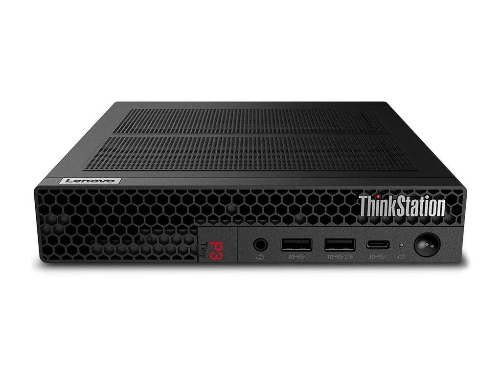 Lenovo ThinkStation P3 Tiny Desktop, schwarz, Frontansicht mit Lüftungsgitter, 'Lenovo' und 'ThinkStation' Logos, verschiedene Anschlüsse.