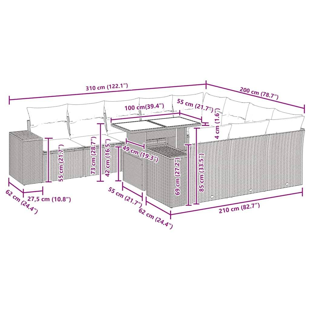 vidaXL 11-tlg. Garten-Sofagarnitur mit Kissen Schwarz Poly Rattan